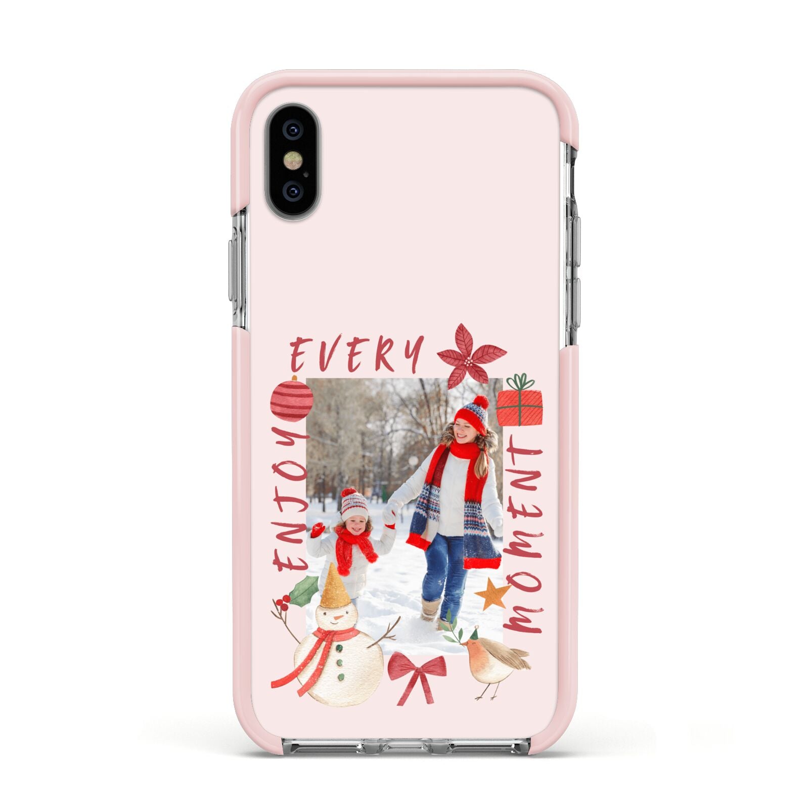 Personalised Christmas Moments Apple iPhone Xs Impact Case Pink Edge on Silver Phone