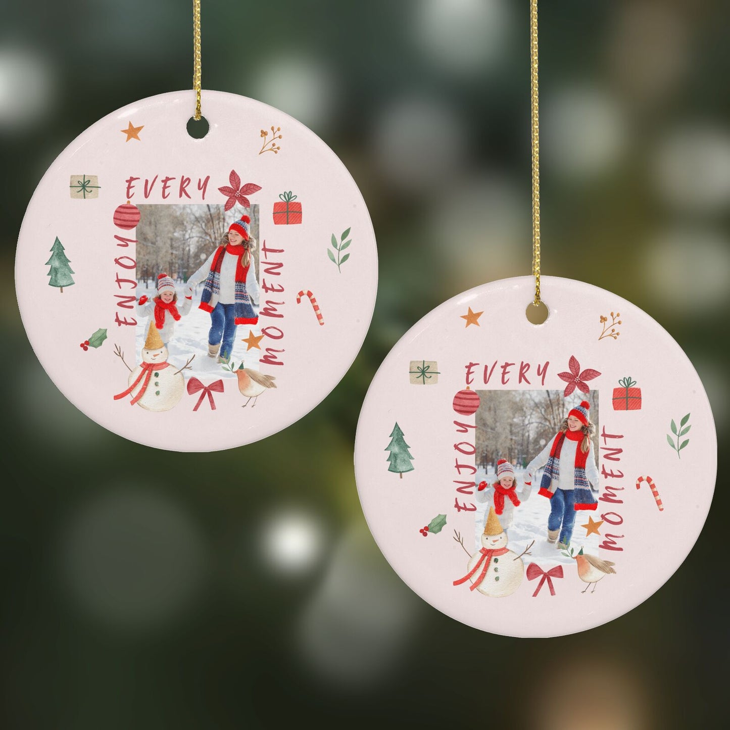 Personalised Christmas Moments Round Decoration on Christmas Background