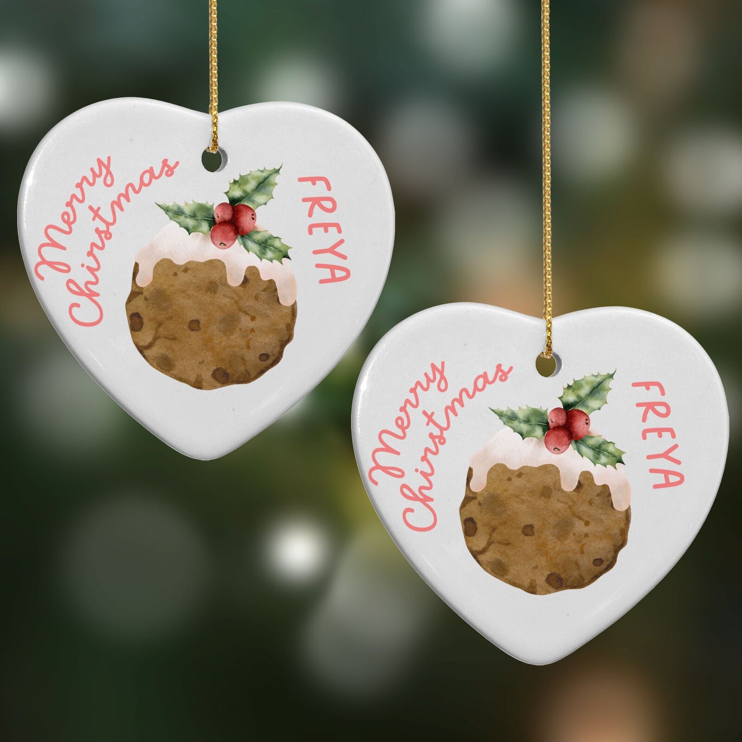Personalised Christmas Pudding Heart Decoration on Christmas Background