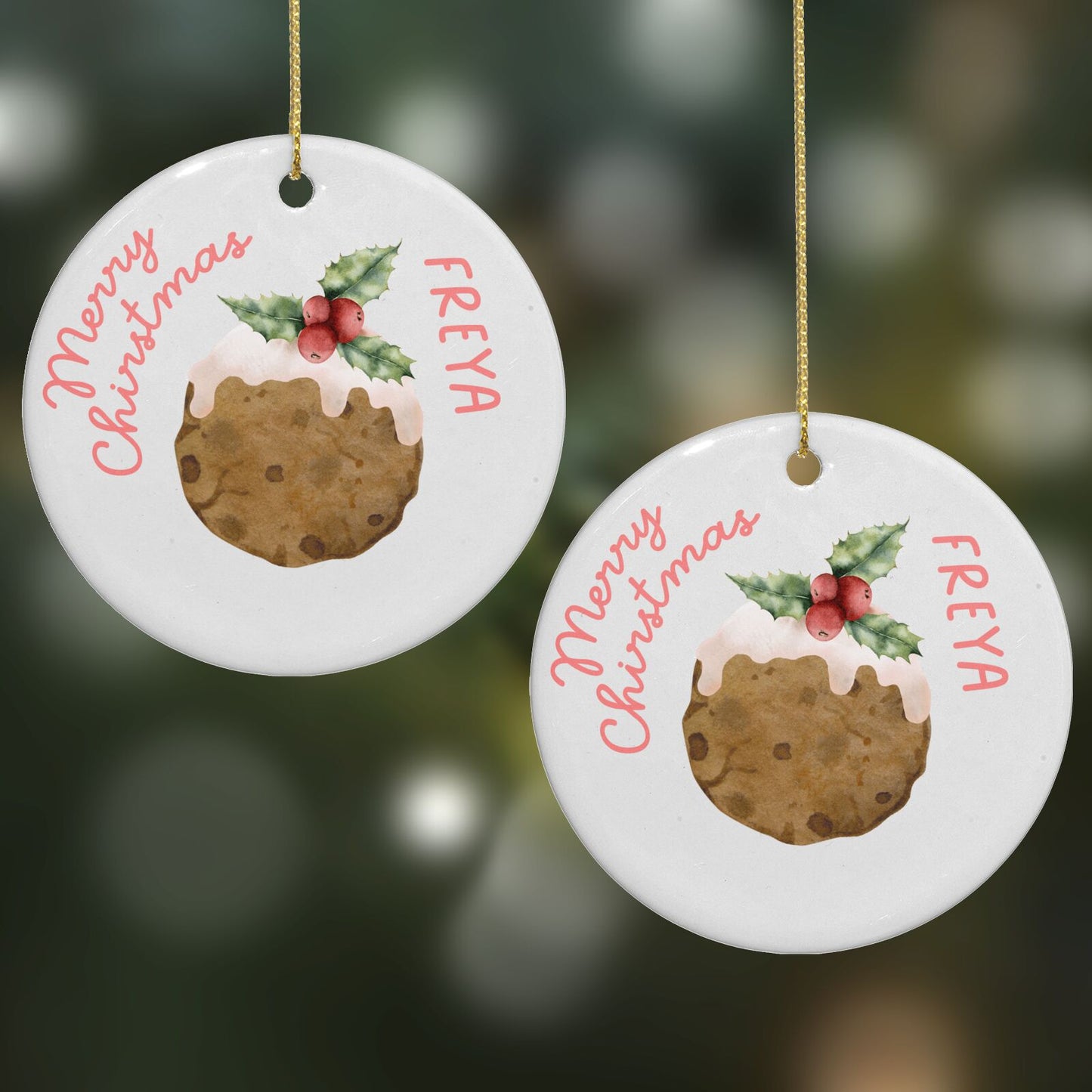 Personalised Christmas Pudding Round Decoration on Christmas Background