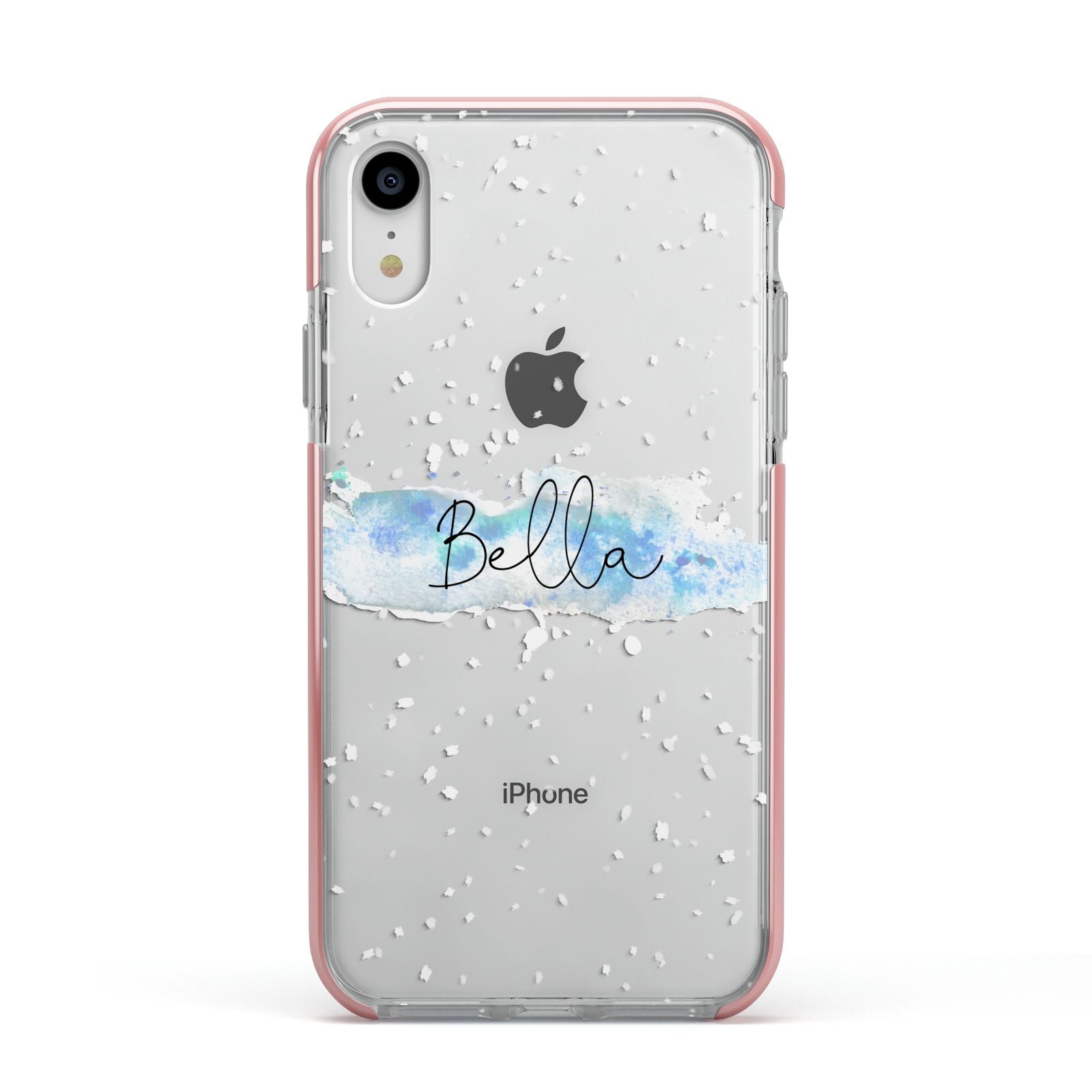 Personalised Christmas Snow fall Apple iPhone XR Impact Case Pink Edge on Silver Phone