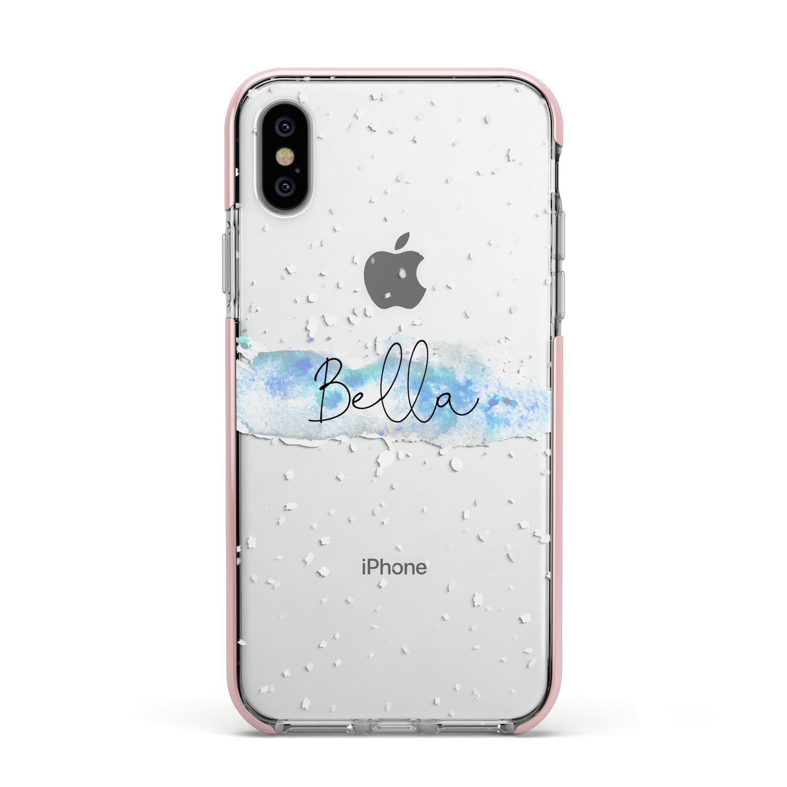 Personalised Christmas Snow fall Apple iPhone Xs Impact Case Pink Edge on Silver Phone