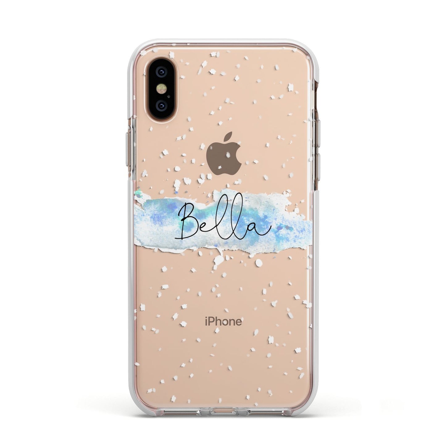 Personalised Christmas Snow fall Apple iPhone Xs Impact Case White Edge on Gold Phone