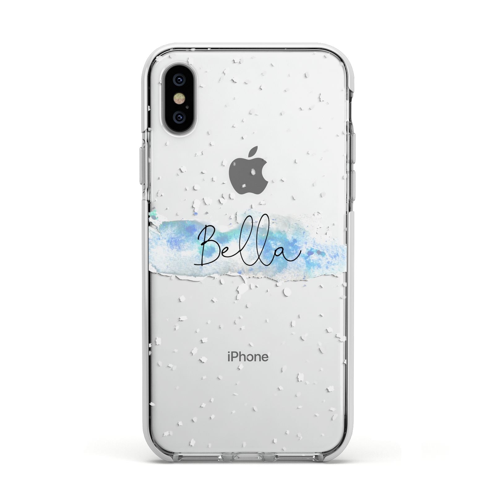 Personalised Christmas Snow fall Apple iPhone Xs Impact Case White Edge on Silver Phone