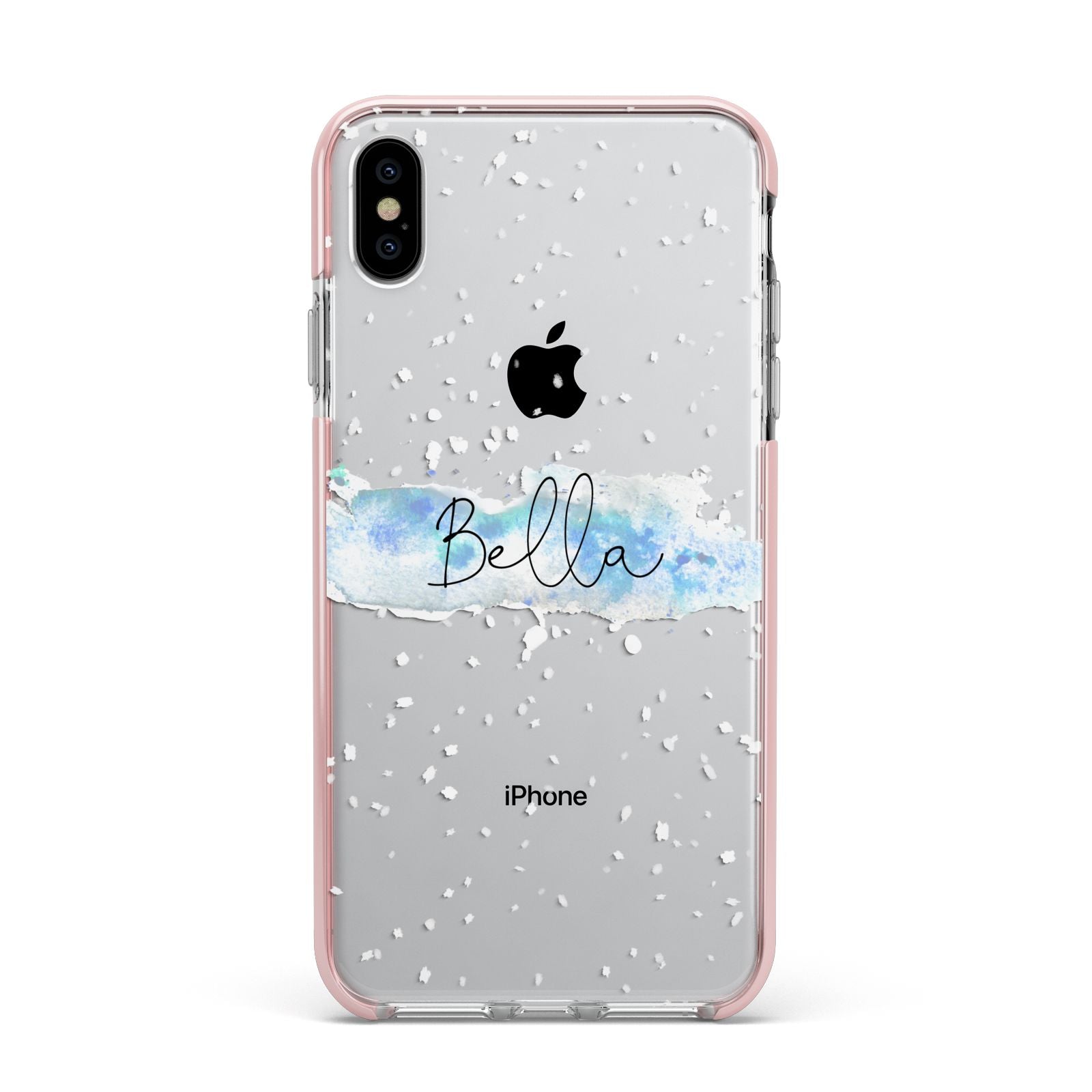 Personalised Christmas Snow fall Apple iPhone Xs Max Impact Case Pink Edge on Silver Phone