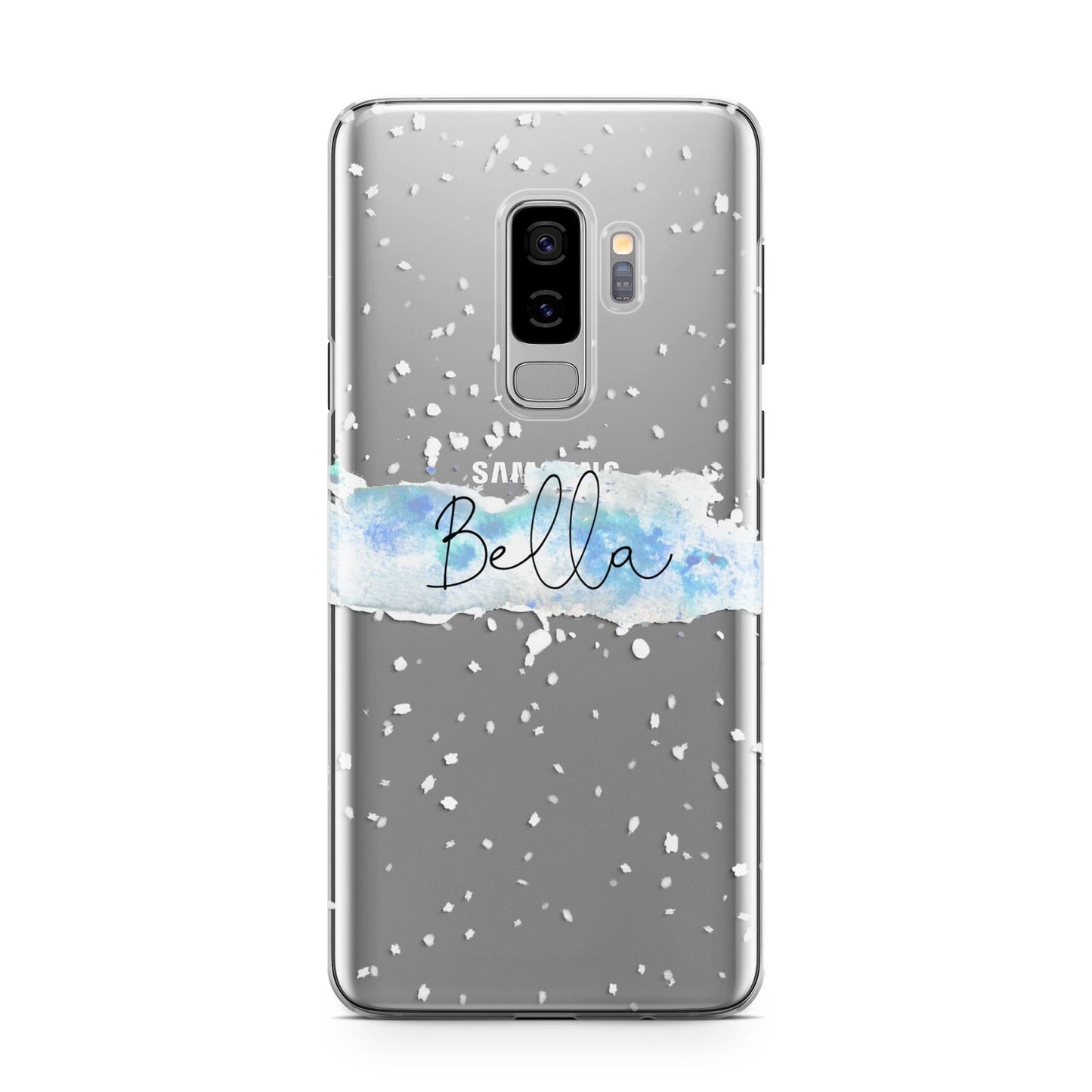 Personalised Christmas Snow fall Samsung Galaxy S9 Plus Case on Silver phone