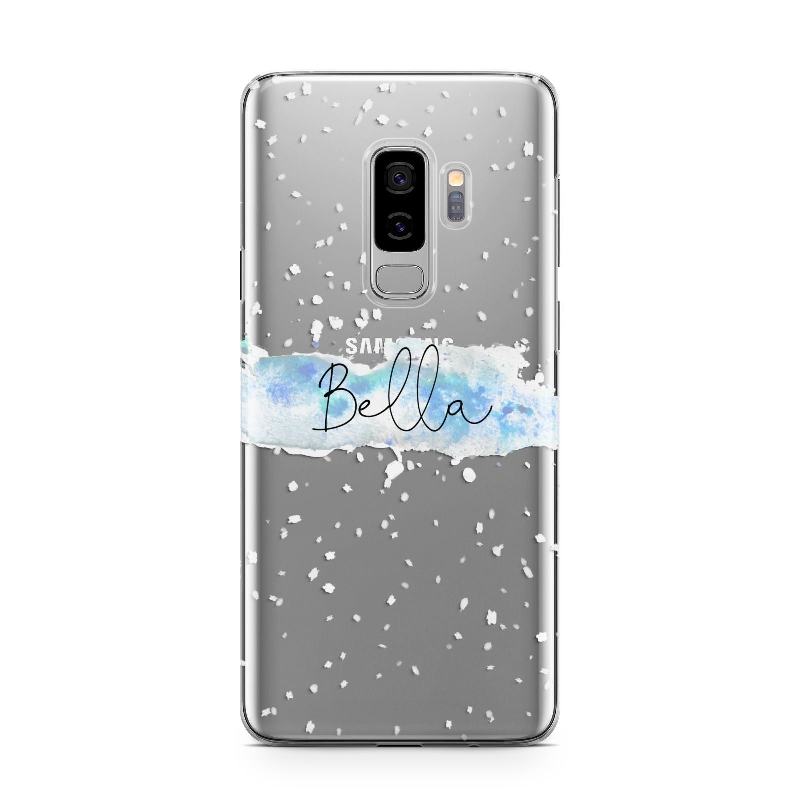 Personalised Christmas Snow fall Samsung Galaxy S9 Plus Case on Silver phone