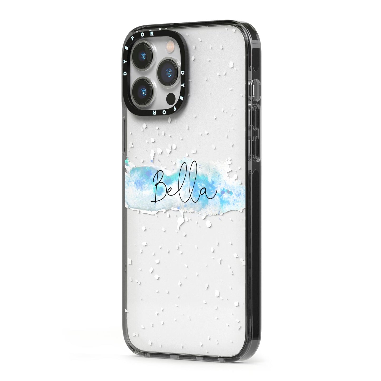 Personalised Christmas Snow fall iPhone 13 Pro Max Black Impact Case Side Angle on Silver phone