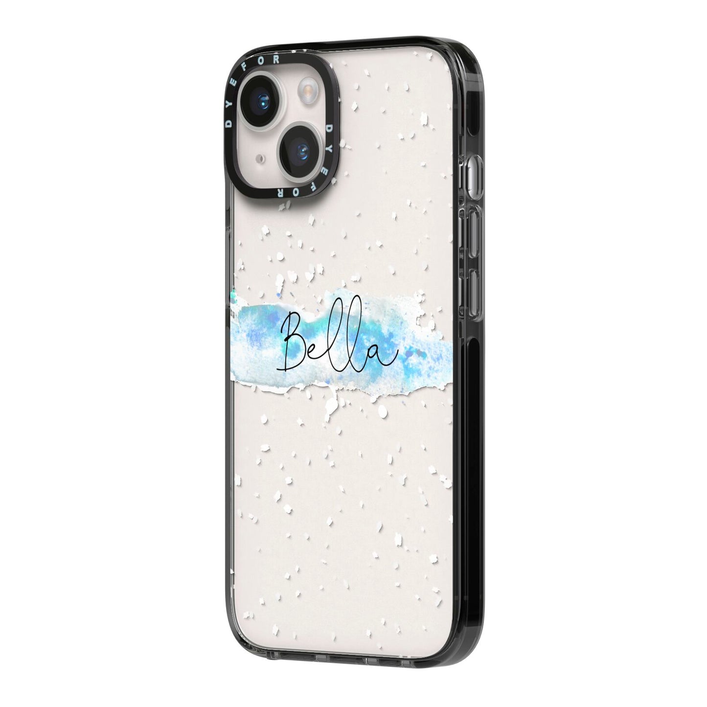Personalised Christmas Snow fall iPhone 14 Black Impact Case Side Angle on Silver phone