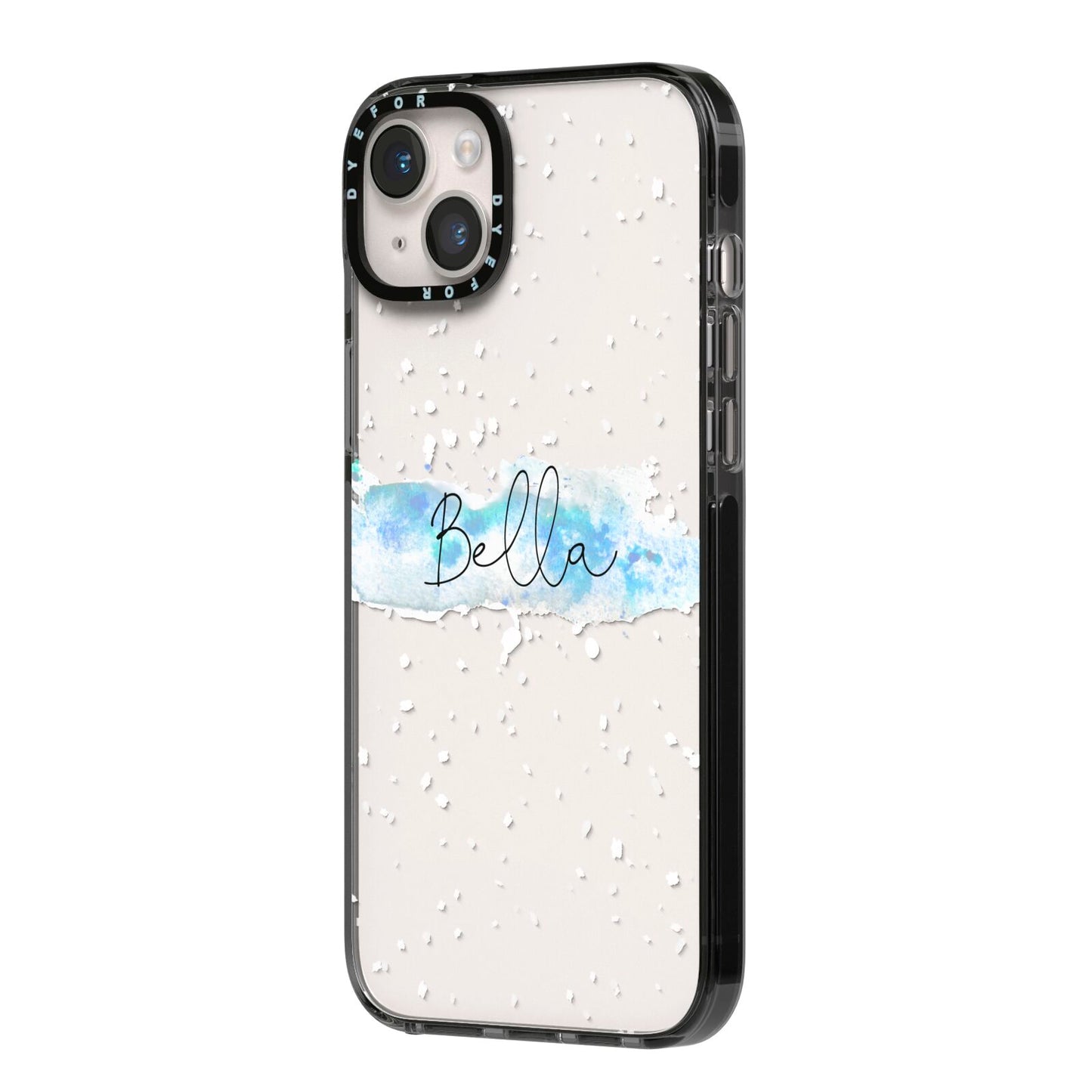 Personalised Christmas Snow fall iPhone 14 Plus Black Impact Case Side Angle on Silver phone