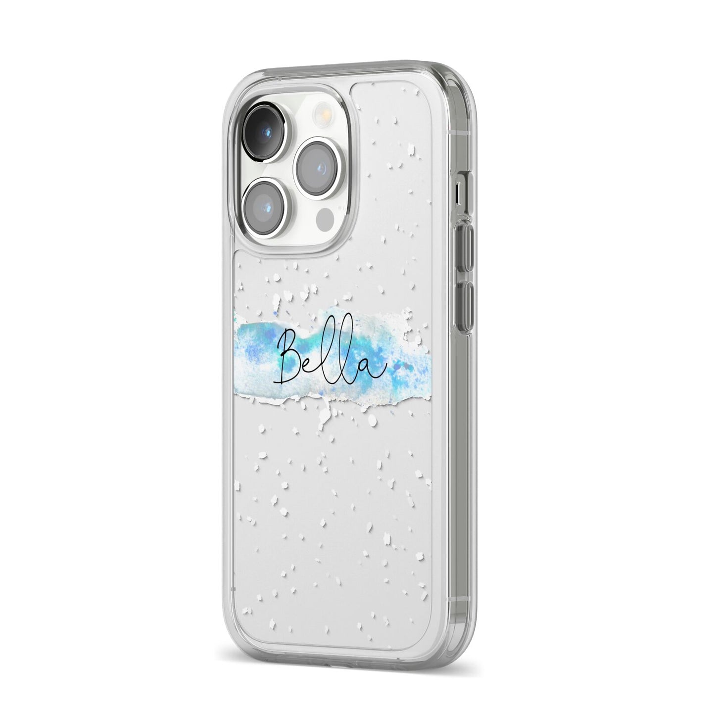 Personalised Christmas Snow fall iPhone 14 Pro Clear Tough Case Silver Angled Image