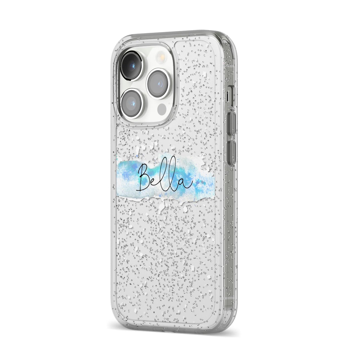 Personalised Christmas Snow fall iPhone 14 Pro Glitter Tough Case Silver Angled Image