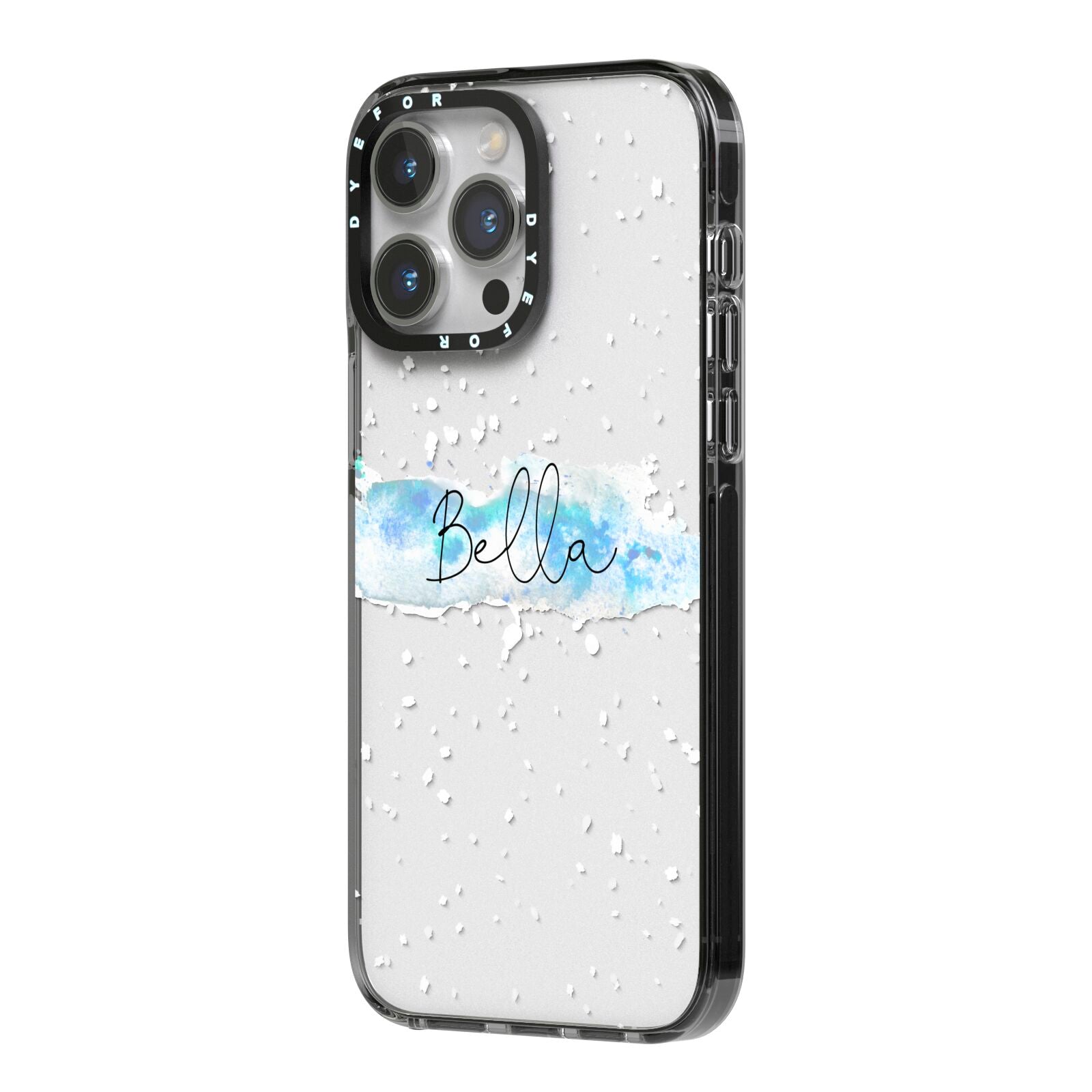 Personalised Christmas Snow fall iPhone 14 Pro Max Black Impact Case Side Angle on Silver phone