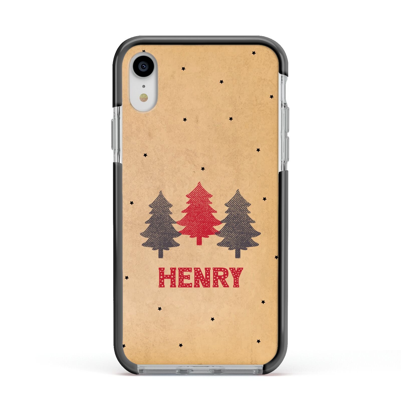 Personalised Christmas Tree Apple iPhone XR Impact Case Black Edge on Silver Phone