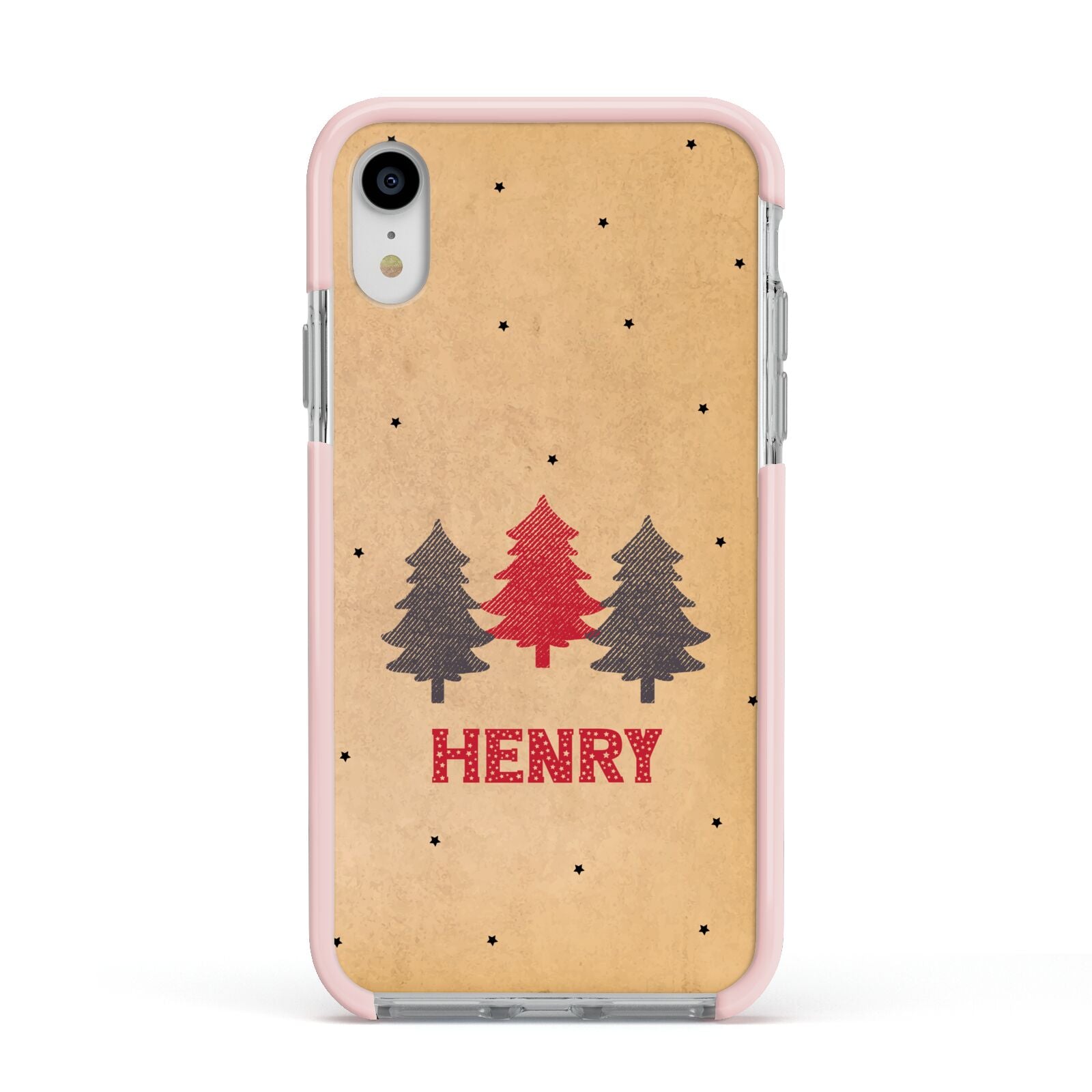 Personalised Christmas Tree Apple iPhone XR Impact Case Pink Edge on Silver Phone