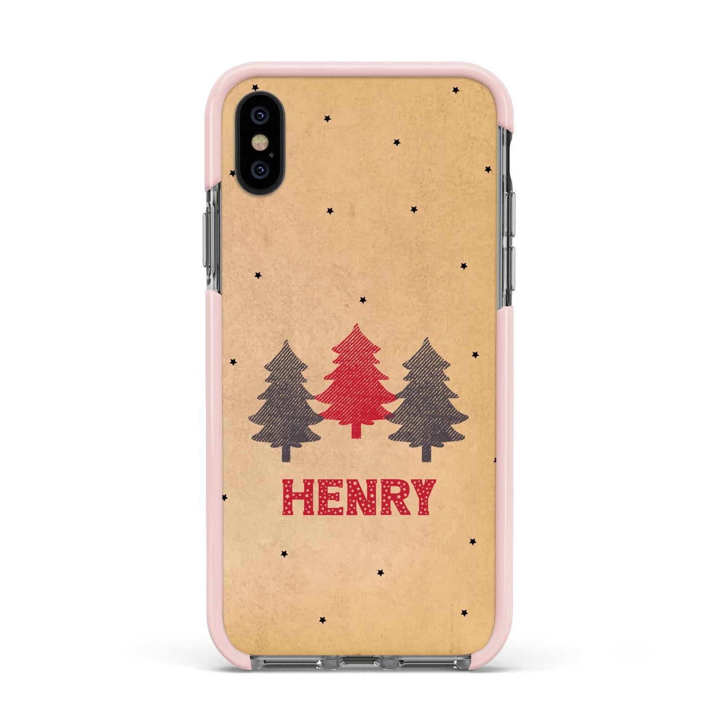 Personalised Christmas Tree Apple iPhone Xs Impact Case Pink Edge on Black Phone