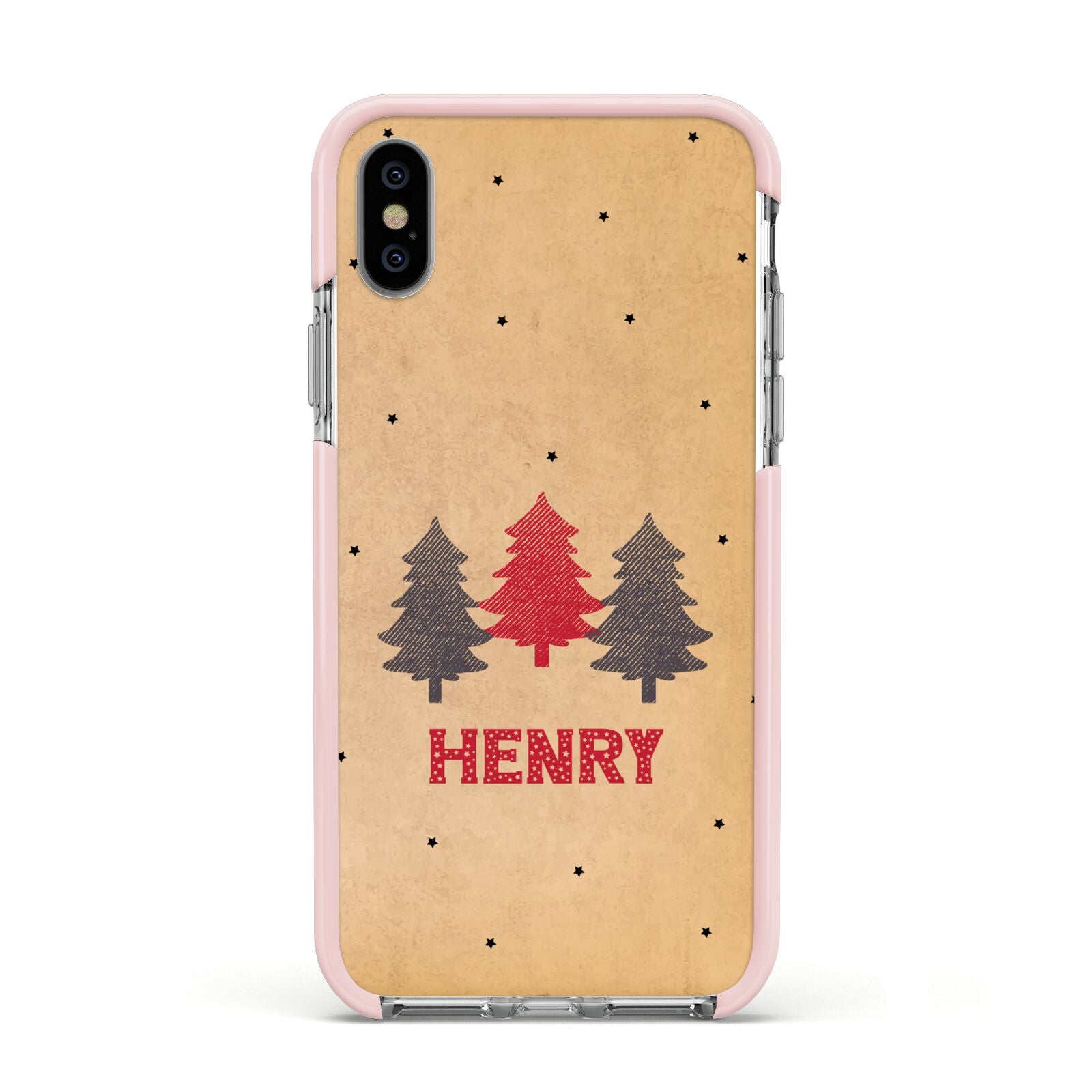 Personalised Christmas Tree Apple iPhone Xs Impact Case Pink Edge on Silver Phone