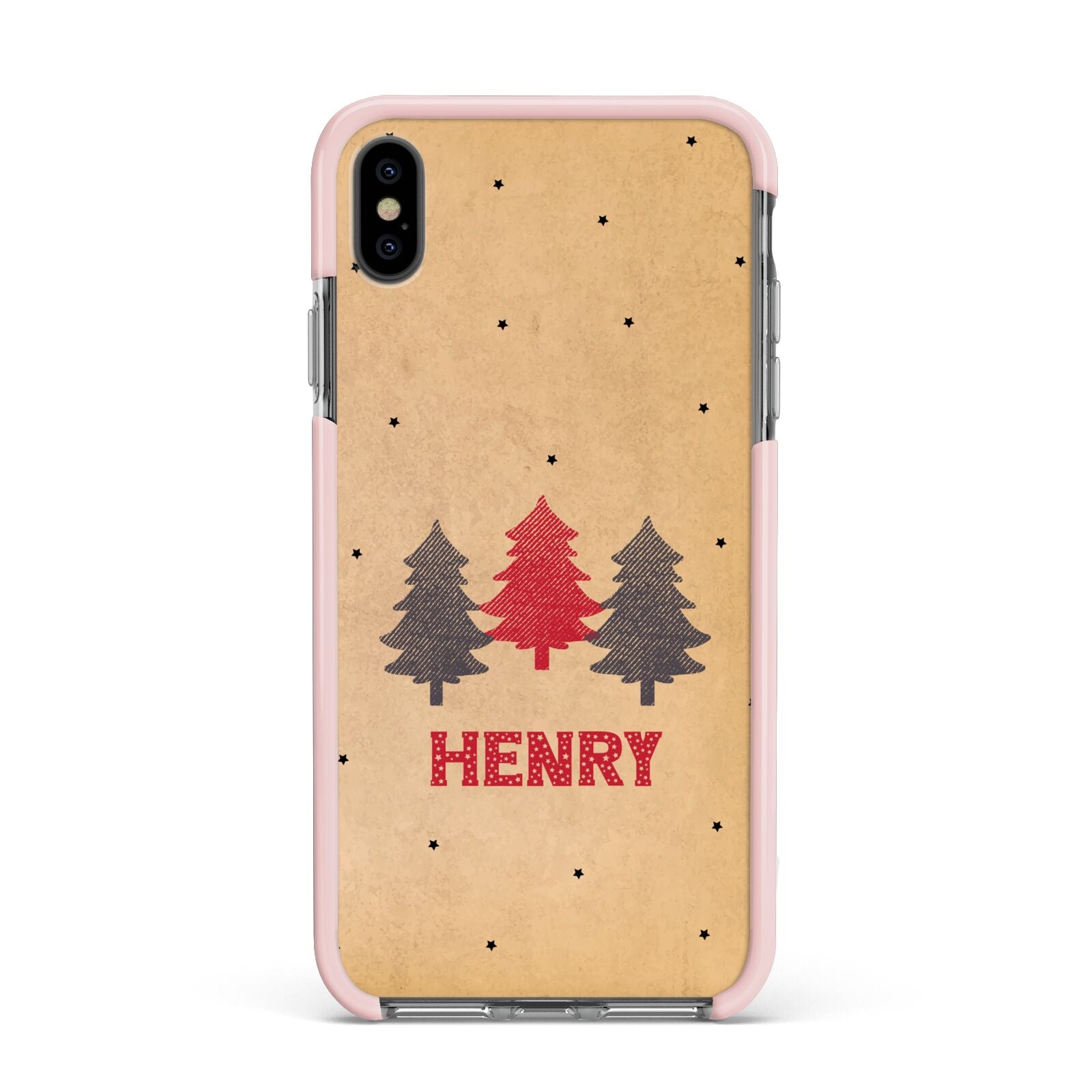 Personalised Christmas Tree Apple iPhone Xs Max Impact Case Pink Edge on Black Phone