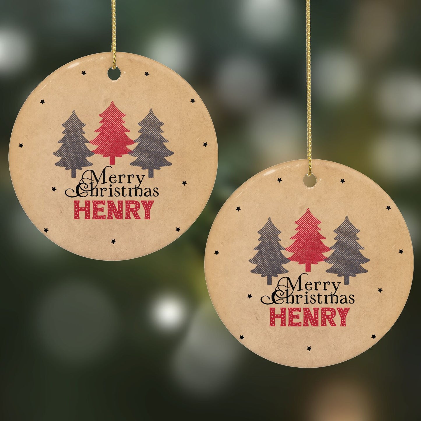 Personalised Christmas Tree Round Decoration on Christmas Background