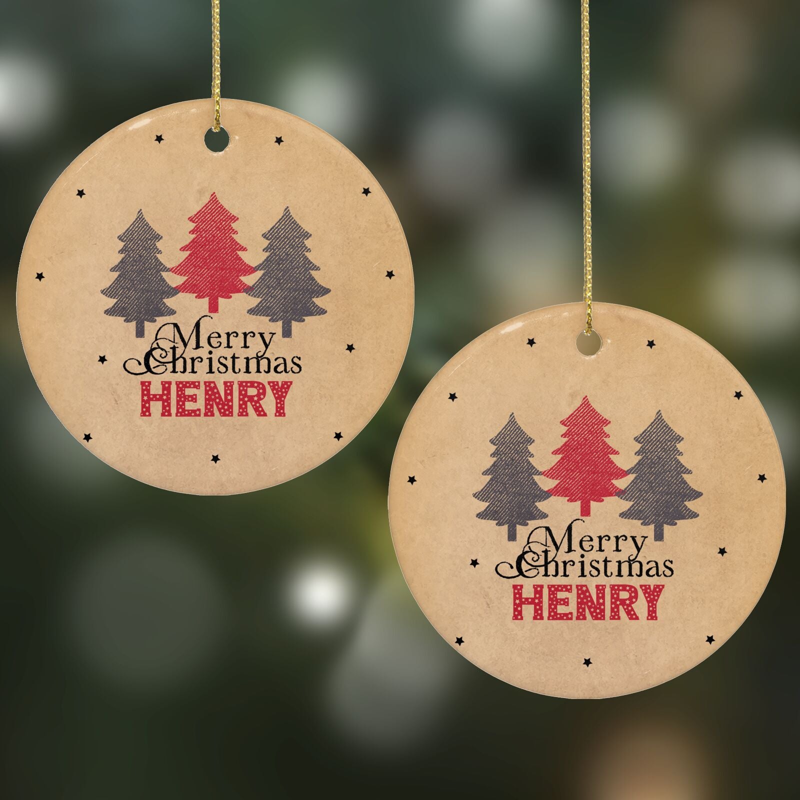 Personalised Christmas Tree Round Decoration on Christmas Background