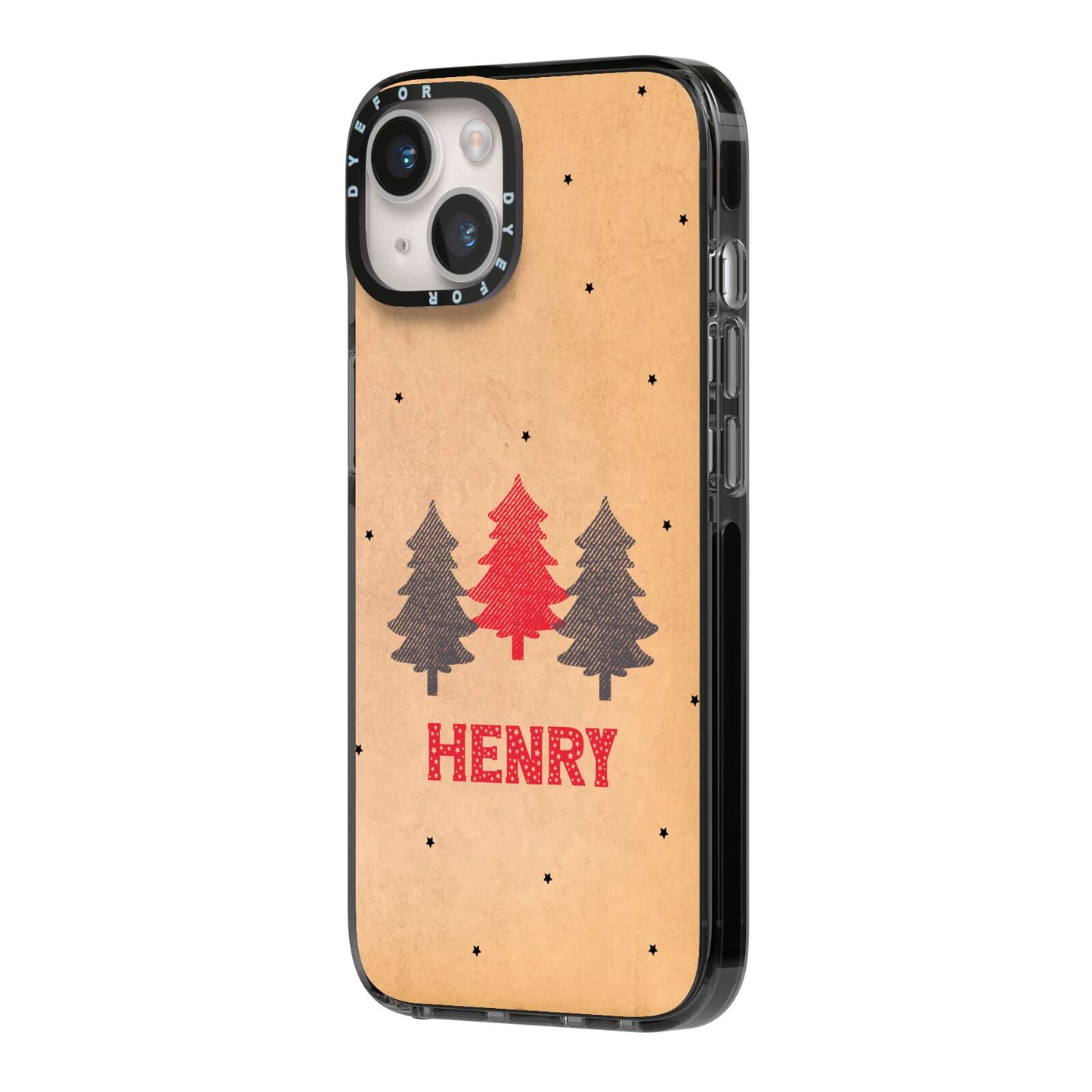 Personalised Christmas Tree iPhone 14 Black Impact Case Side Angle on Silver phone