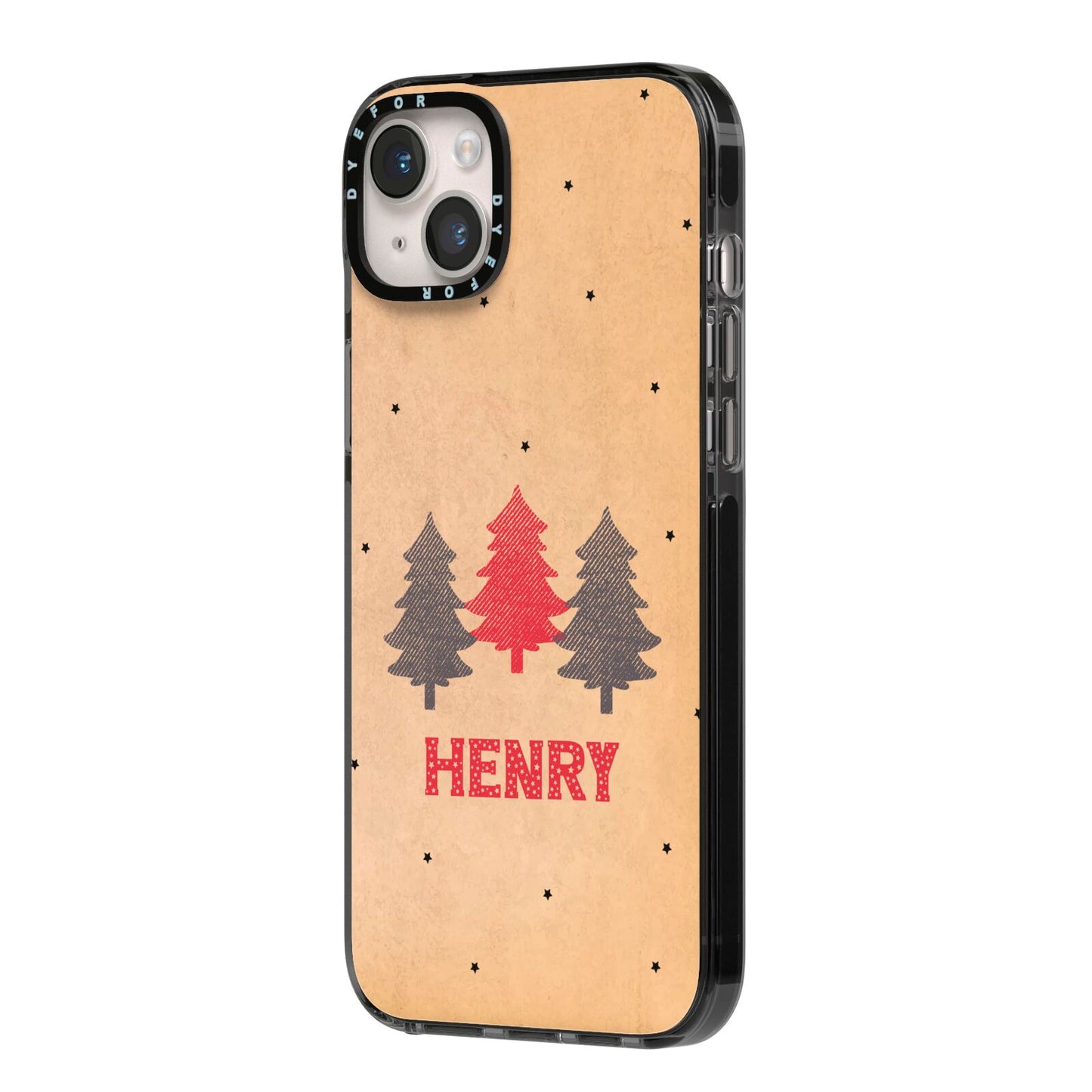 Personalised Christmas Tree iPhone 14 Plus Black Impact Case Side Angle on Silver phone