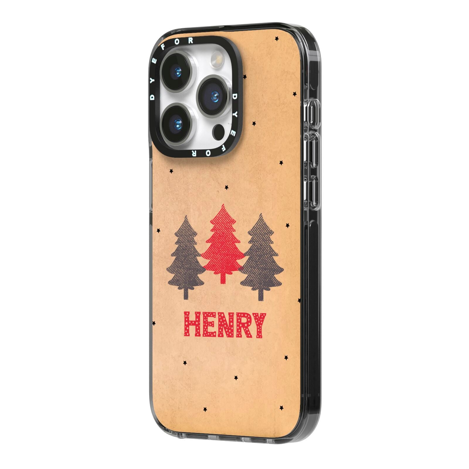 Personalised Christmas Tree iPhone 14 Pro Black Impact Case Side Angle on Silver phone