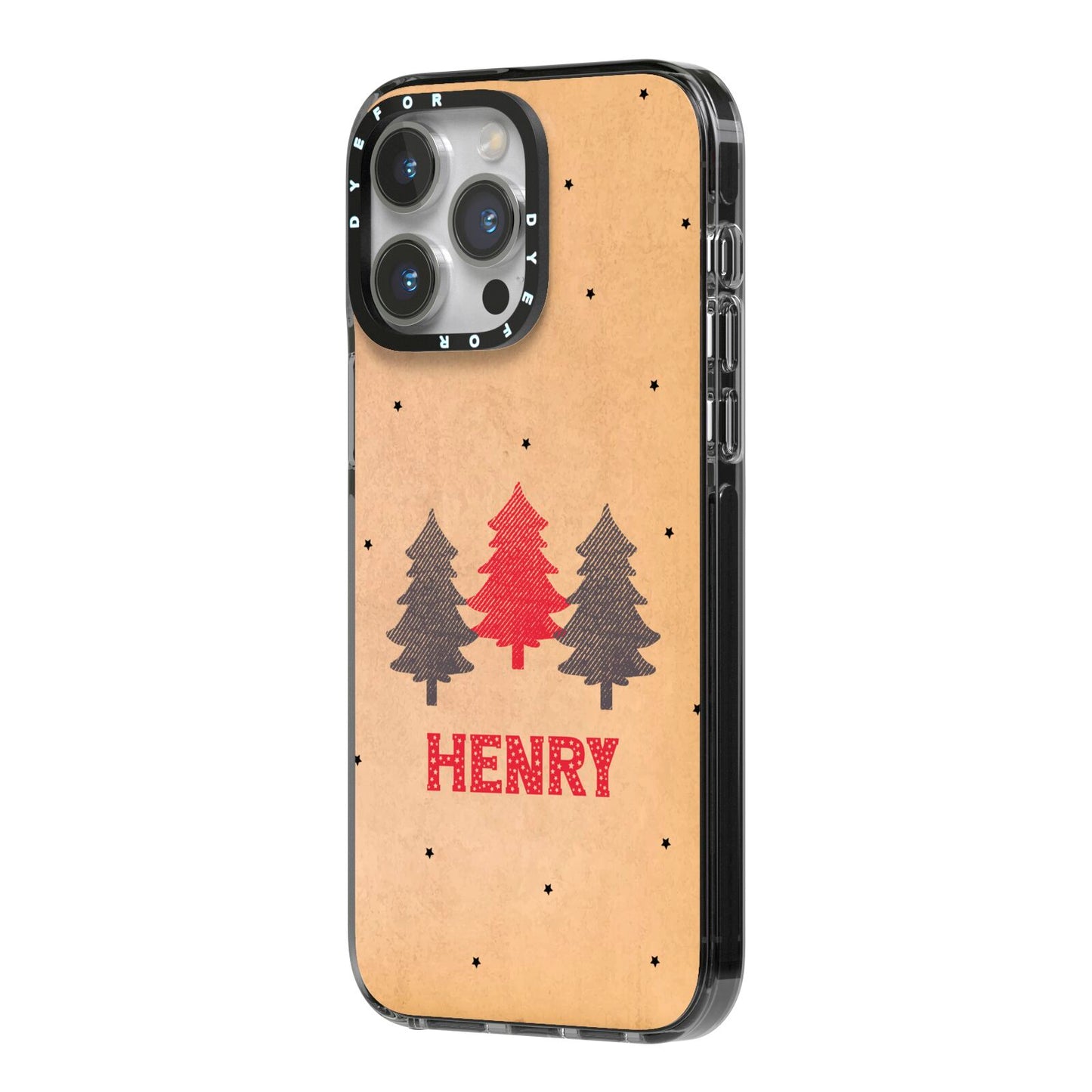 Personalised Christmas Tree iPhone 14 Pro Max Black Impact Case Side Angle on Silver phone