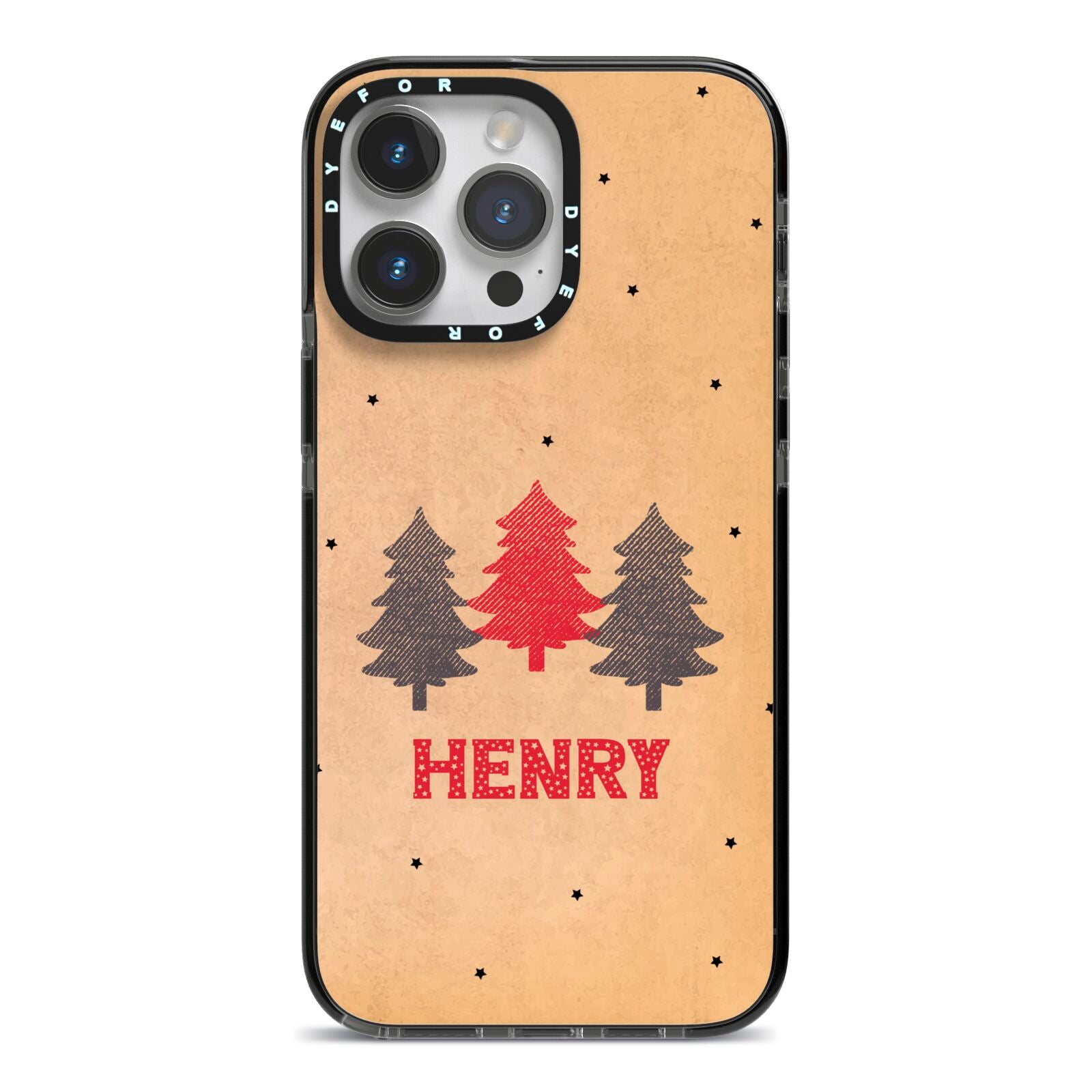 Personalised Christmas Tree iPhone 14 Pro Max Black Impact Case on Silver phone