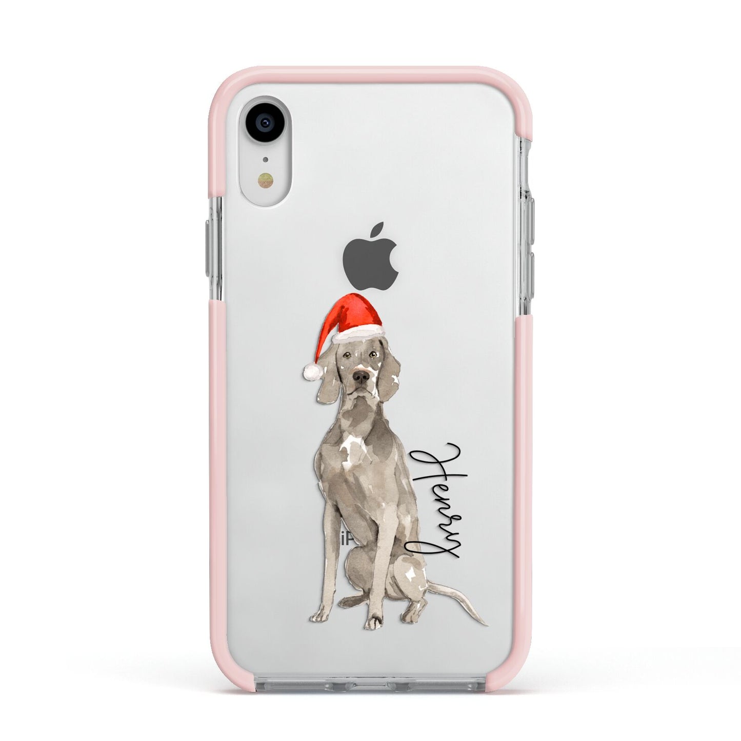 Personalised Christmas Weimaraner Apple iPhone XR Impact Case Pink Edge on Silver Phone
