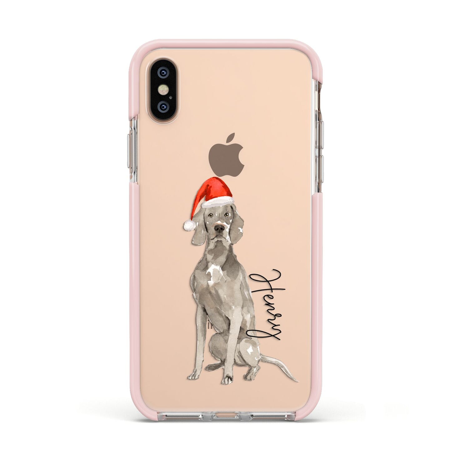 Personalised Christmas Weimaraner Apple iPhone Xs Impact Case Pink Edge on Gold Phone