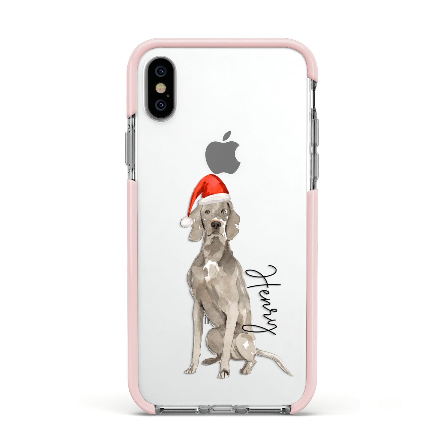 Personalised Christmas Weimaraner Apple iPhone Xs Impact Case Pink Edge on Silver Phone