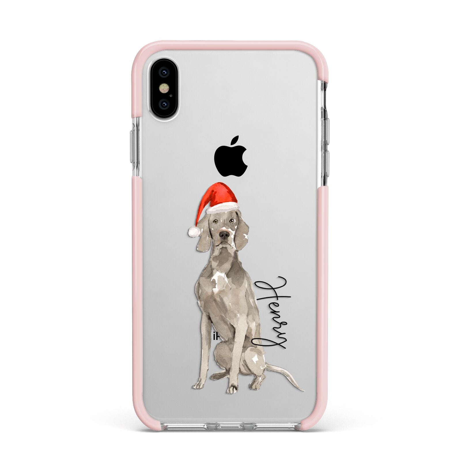 Personalised Christmas Weimaraner Apple iPhone Xs Max Impact Case Pink Edge on Silver Phone