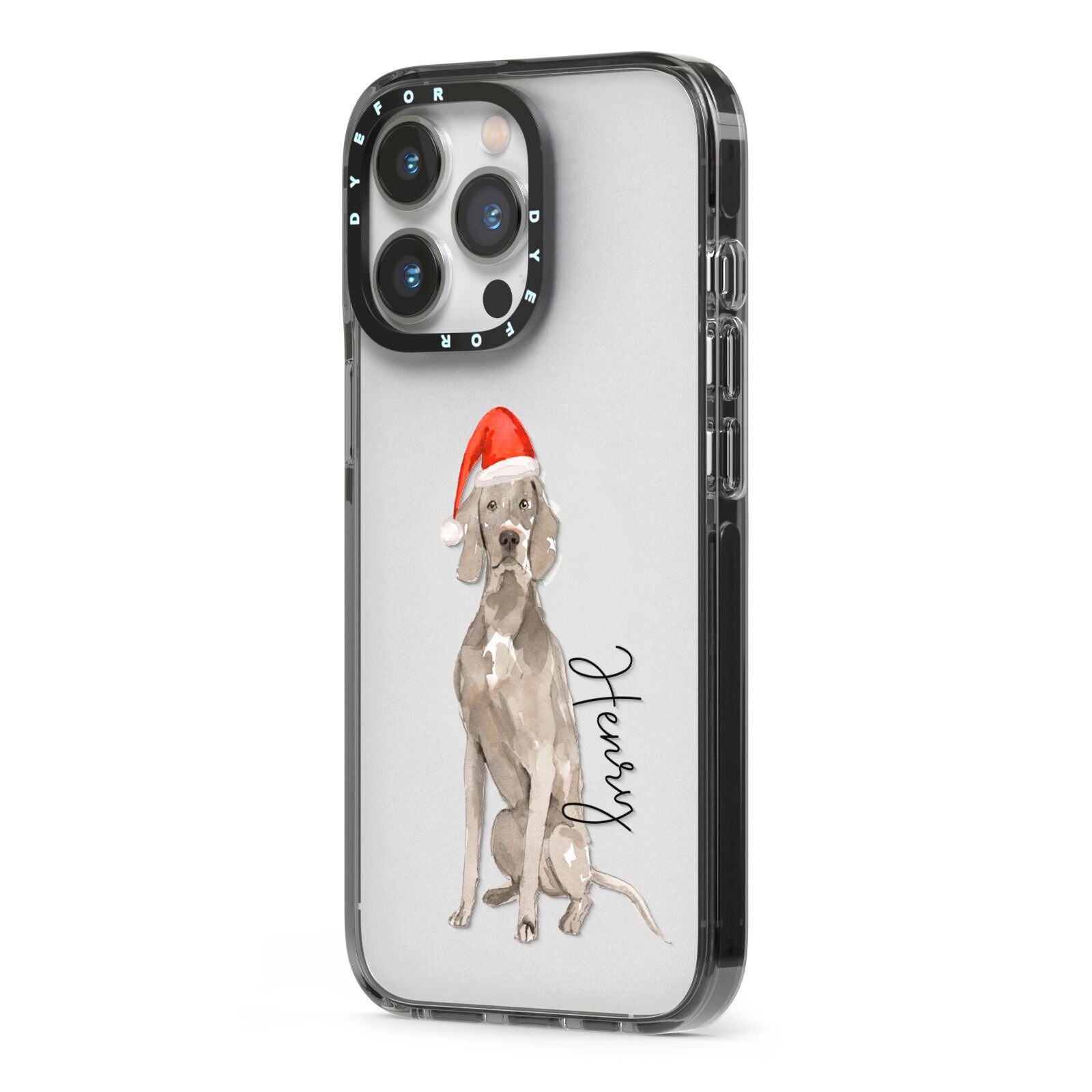 Personalised Christmas Weimaraner iPhone 13 Pro Black Impact Case Side Angle on Silver phone