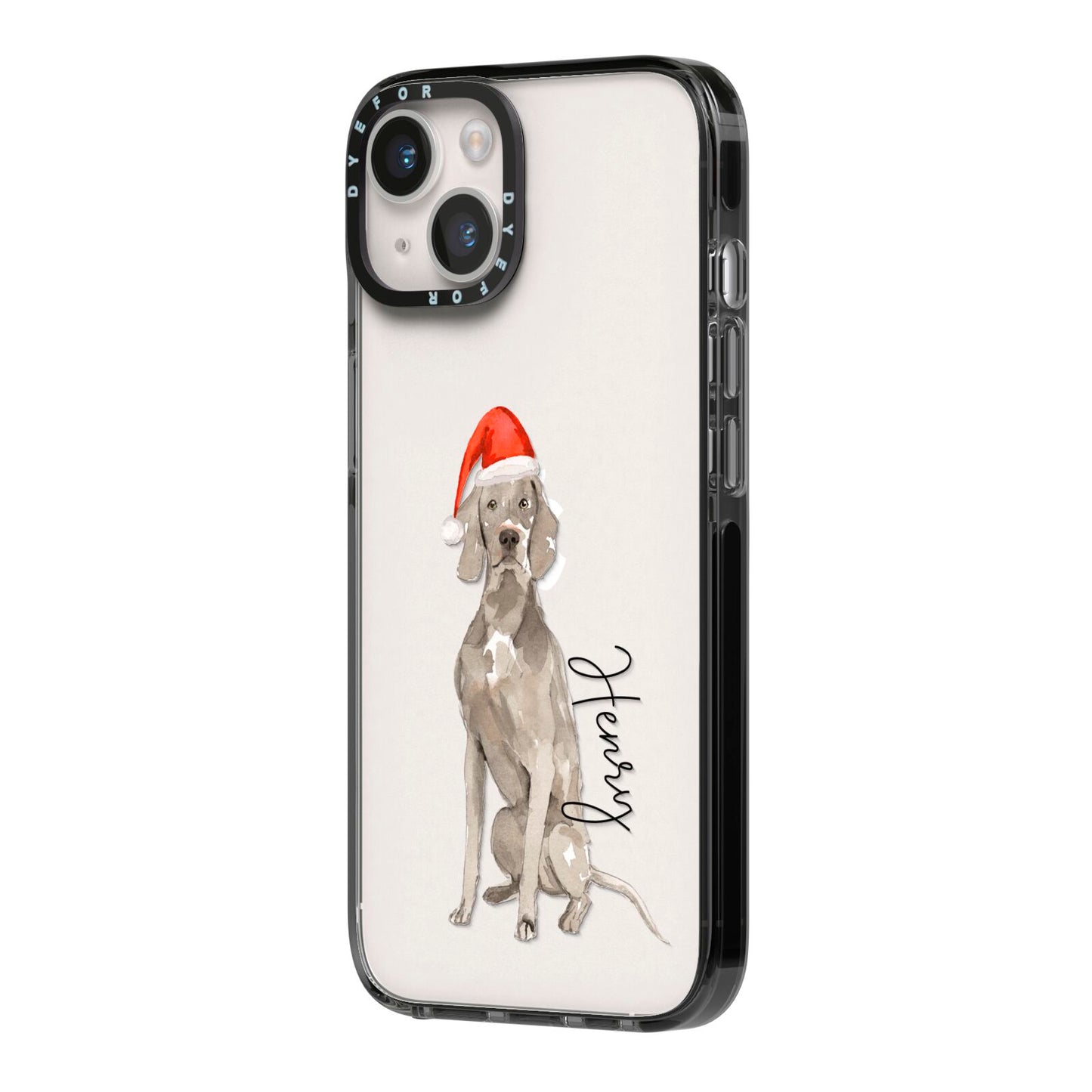 Personalised Christmas Weimaraner iPhone 14 Black Impact Case Side Angle on Silver phone