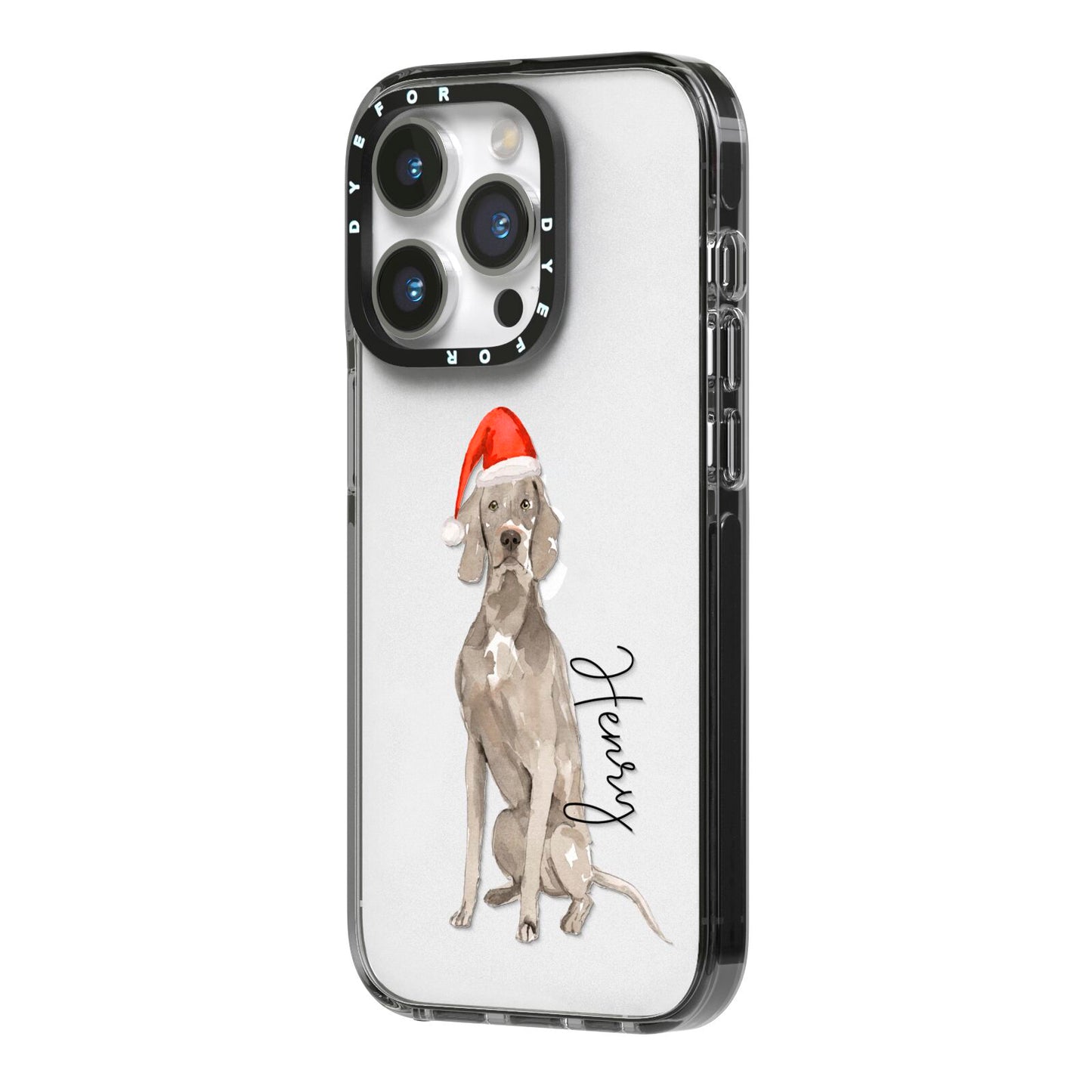 Personalised Christmas Weimaraner iPhone 14 Pro Black Impact Case Side Angle on Silver phone