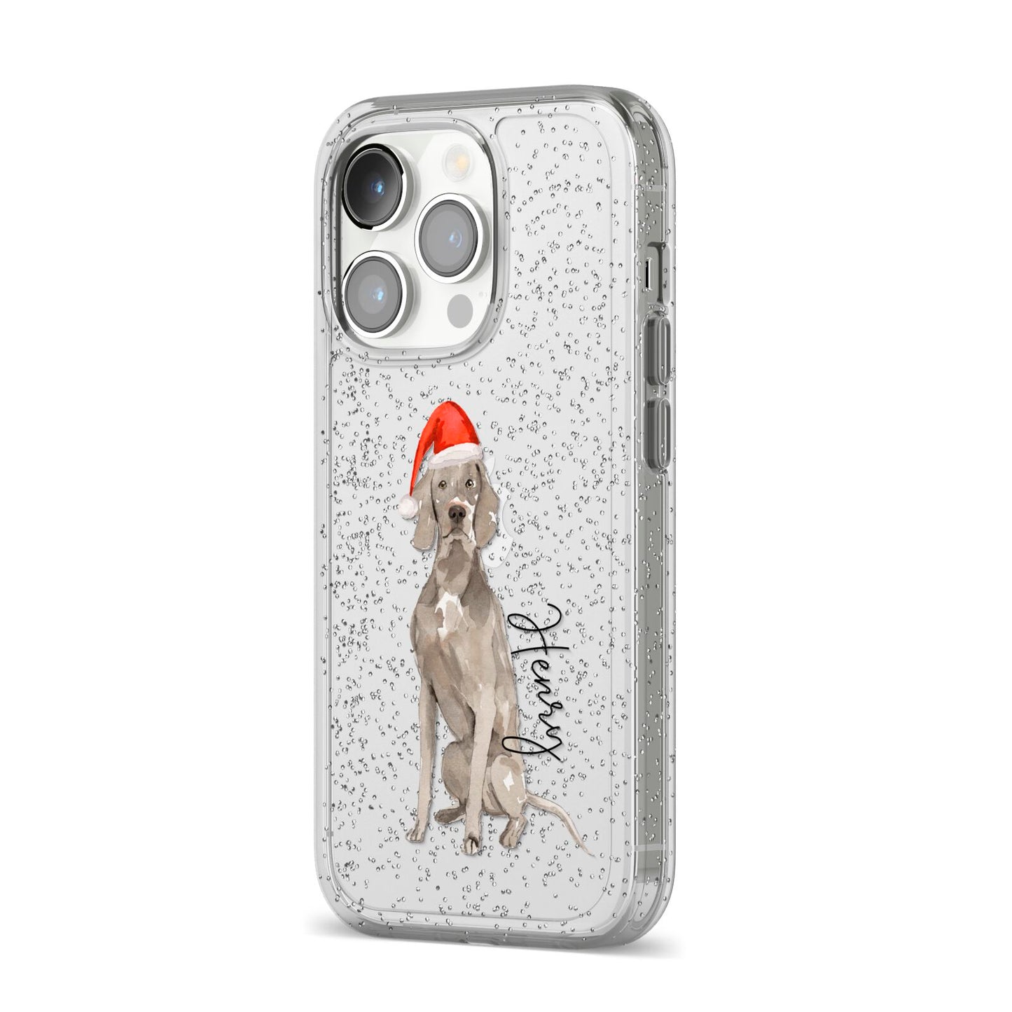 Personalised Christmas Weimaraner iPhone 14 Pro Glitter Tough Case Silver Angled Image