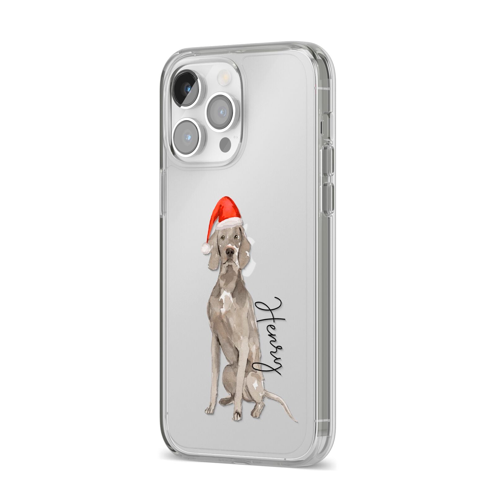 Personalised Christmas Weimaraner iPhone 14 Pro Max Clear Tough Case Silver Angled Image