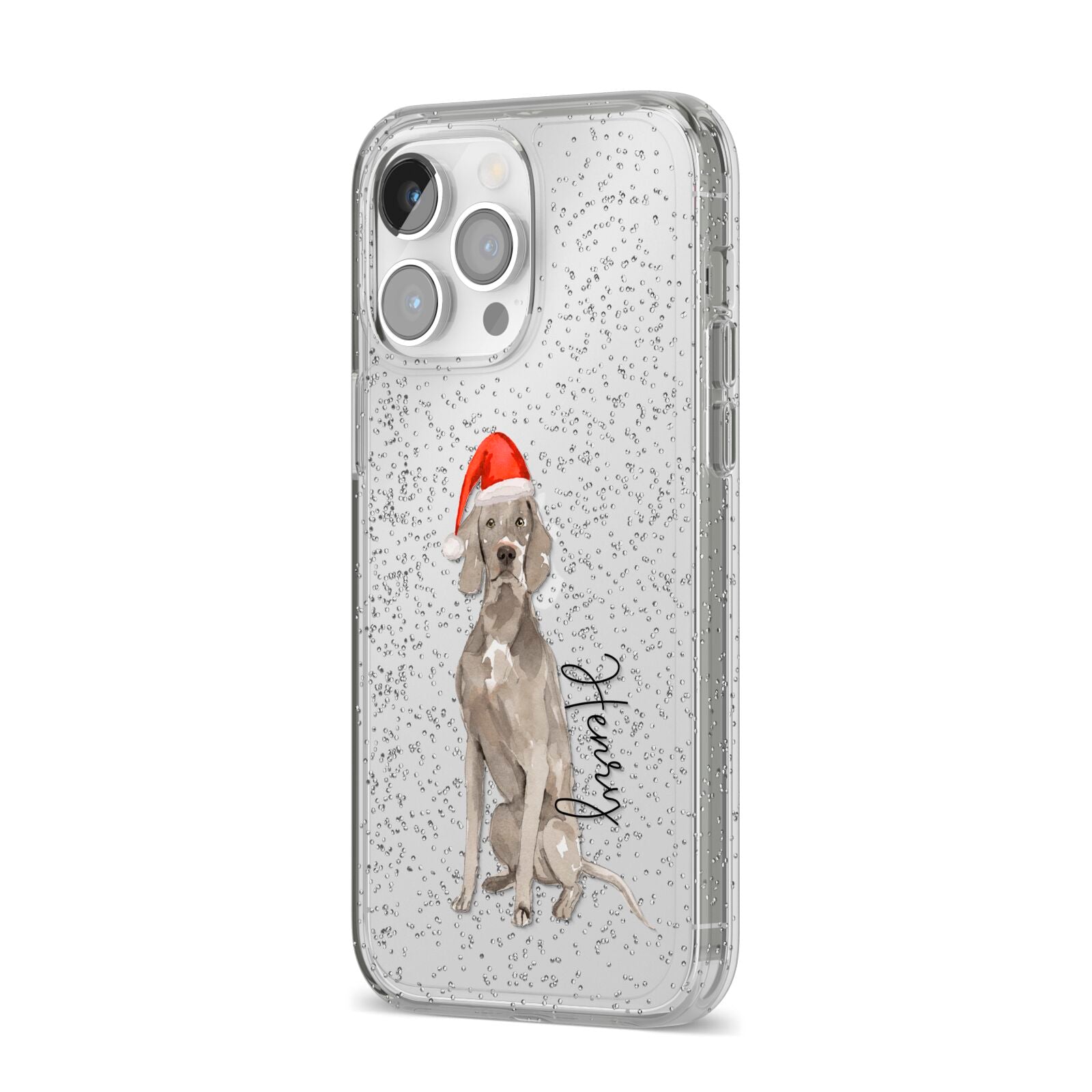 Personalised Christmas Weimaraner iPhone 14 Pro Max Glitter Tough Case Silver Angled Image