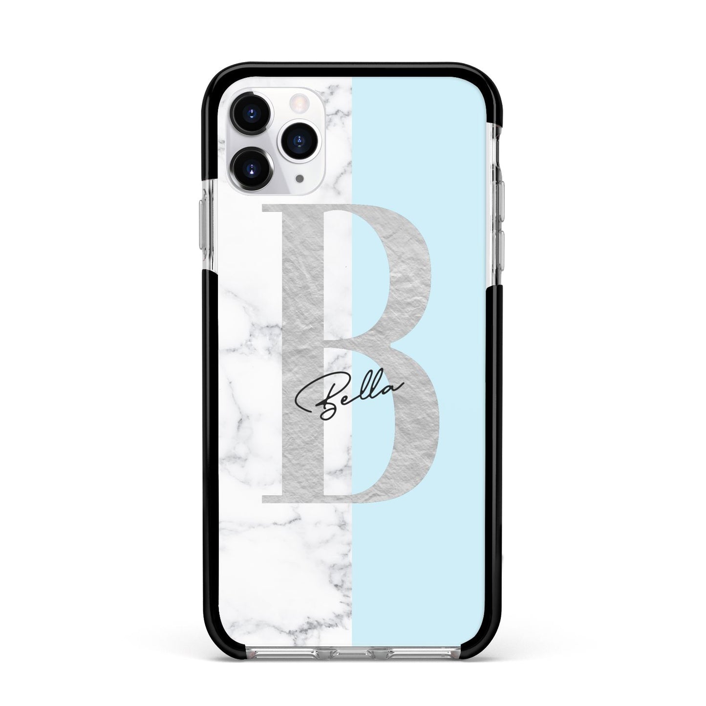 Personalised Chrome Marble Apple iPhone 11 Pro Max in Silver with Black Impact Case