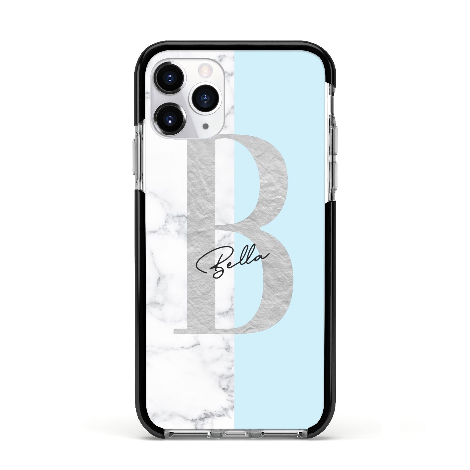 Personalised Chrome Marble Apple iPhone 11 Pro in Silver with Black Impact Case