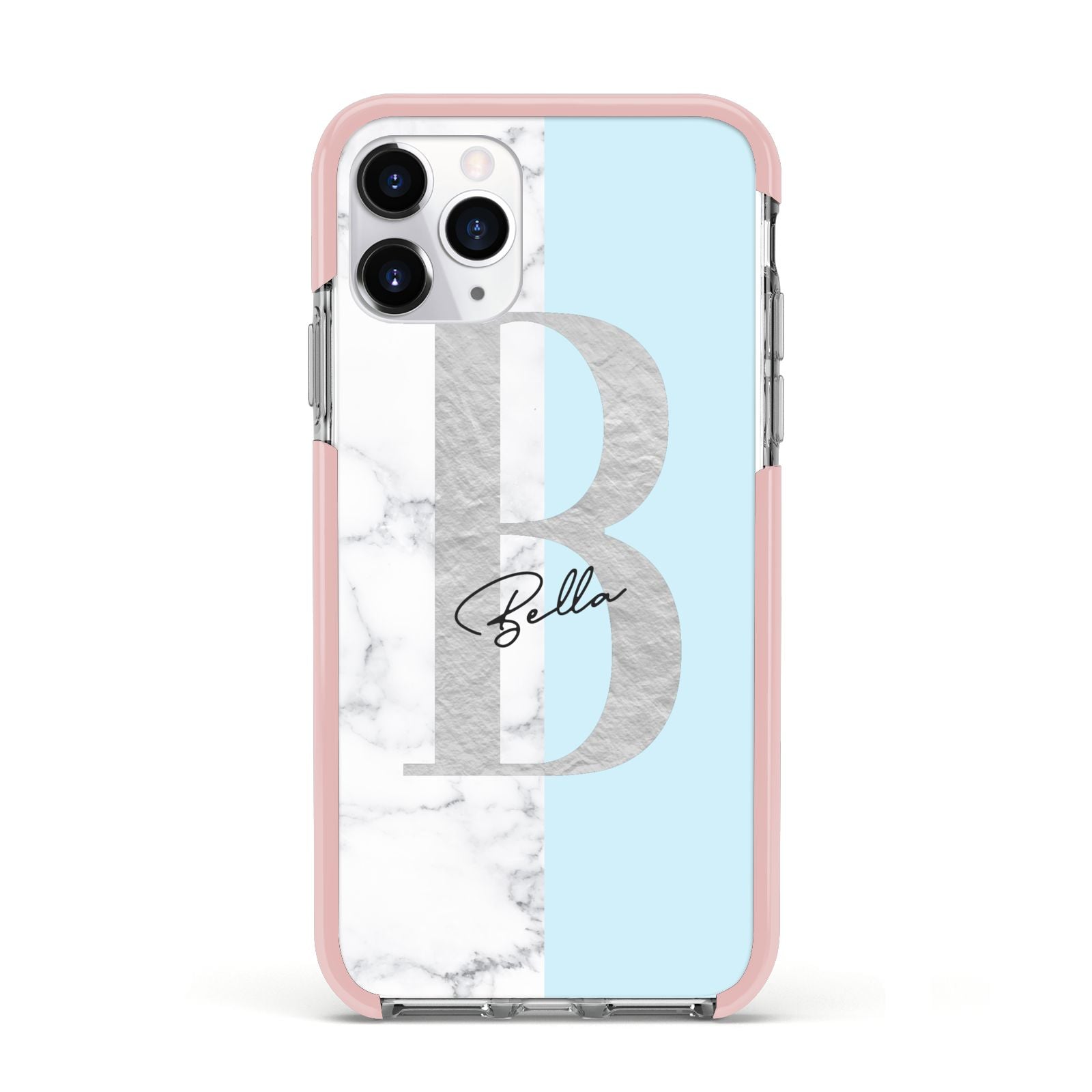 Personalised Chrome Marble Apple iPhone 11 Pro in Silver with Pink Impact Case