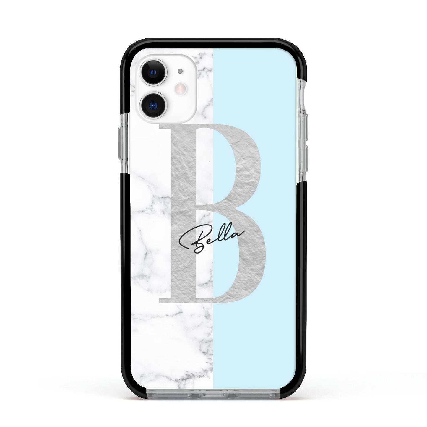 Personalised Chrome Marble Apple iPhone 11 in White with Black Impact Case