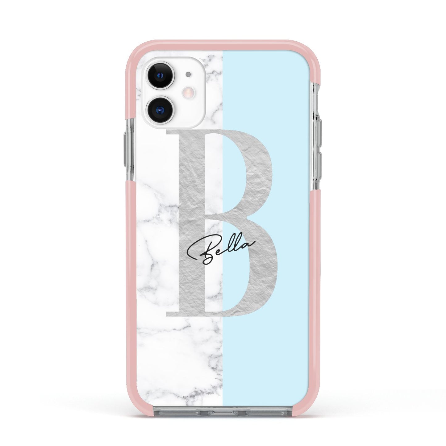 Personalised Chrome Marble Apple iPhone 11 in White with Pink Impact Case