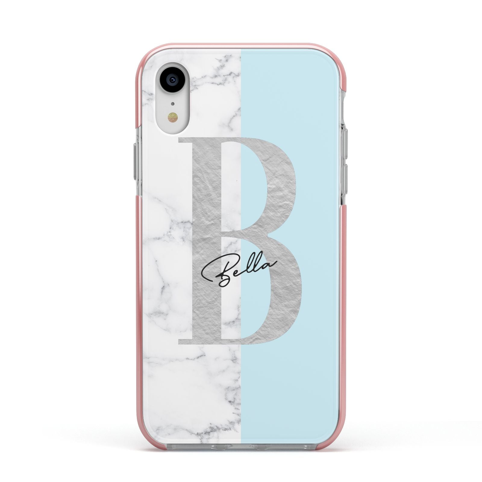 Personalised Chrome Marble Apple iPhone XR Impact Case Pink Edge on Silver Phone
