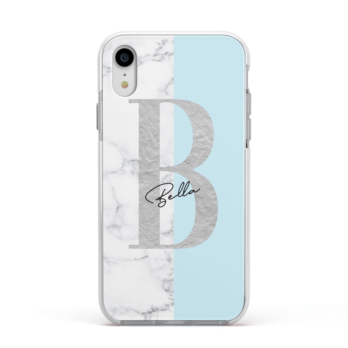 Personalised Chrome Marble Apple iPhone XR Impact Case White Edge on Silver Phone