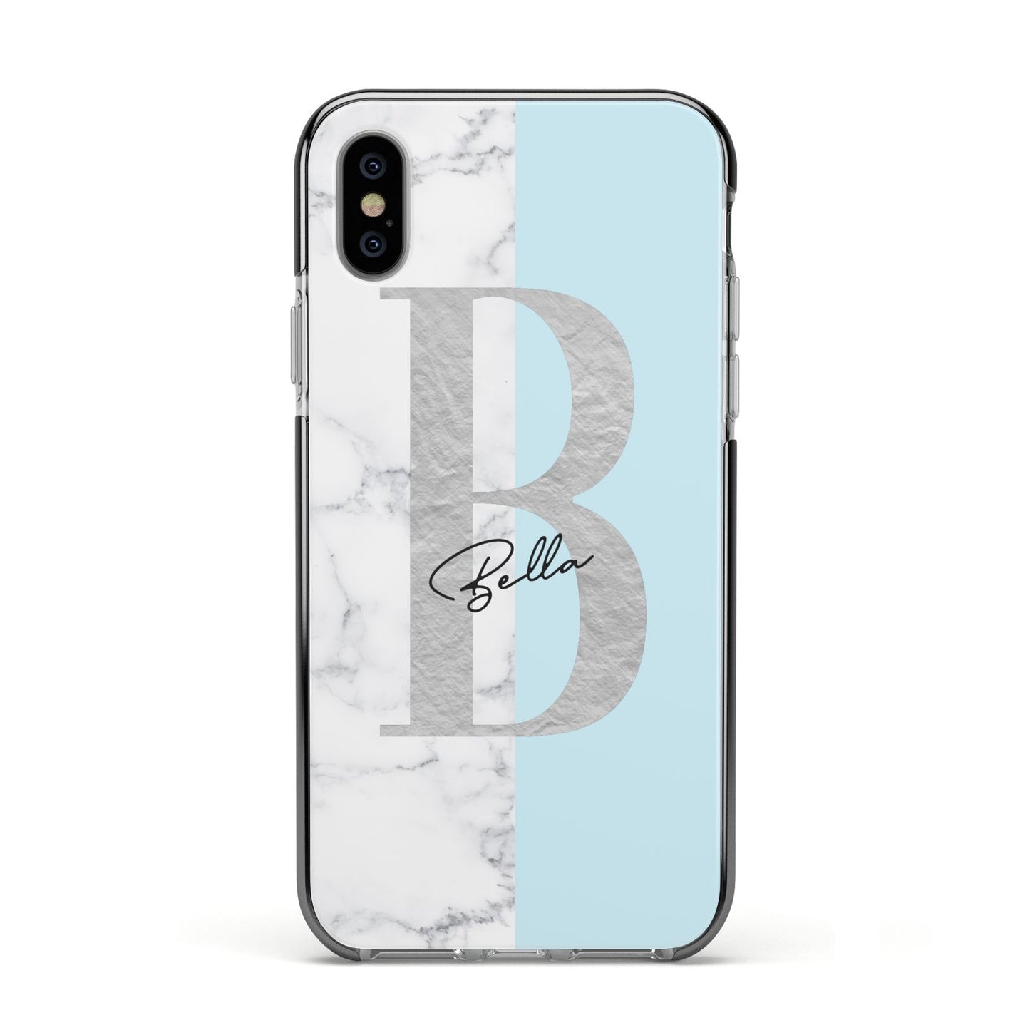 Personalised Chrome Marble Apple iPhone Xs Impact Case Black Edge on Silver Phone