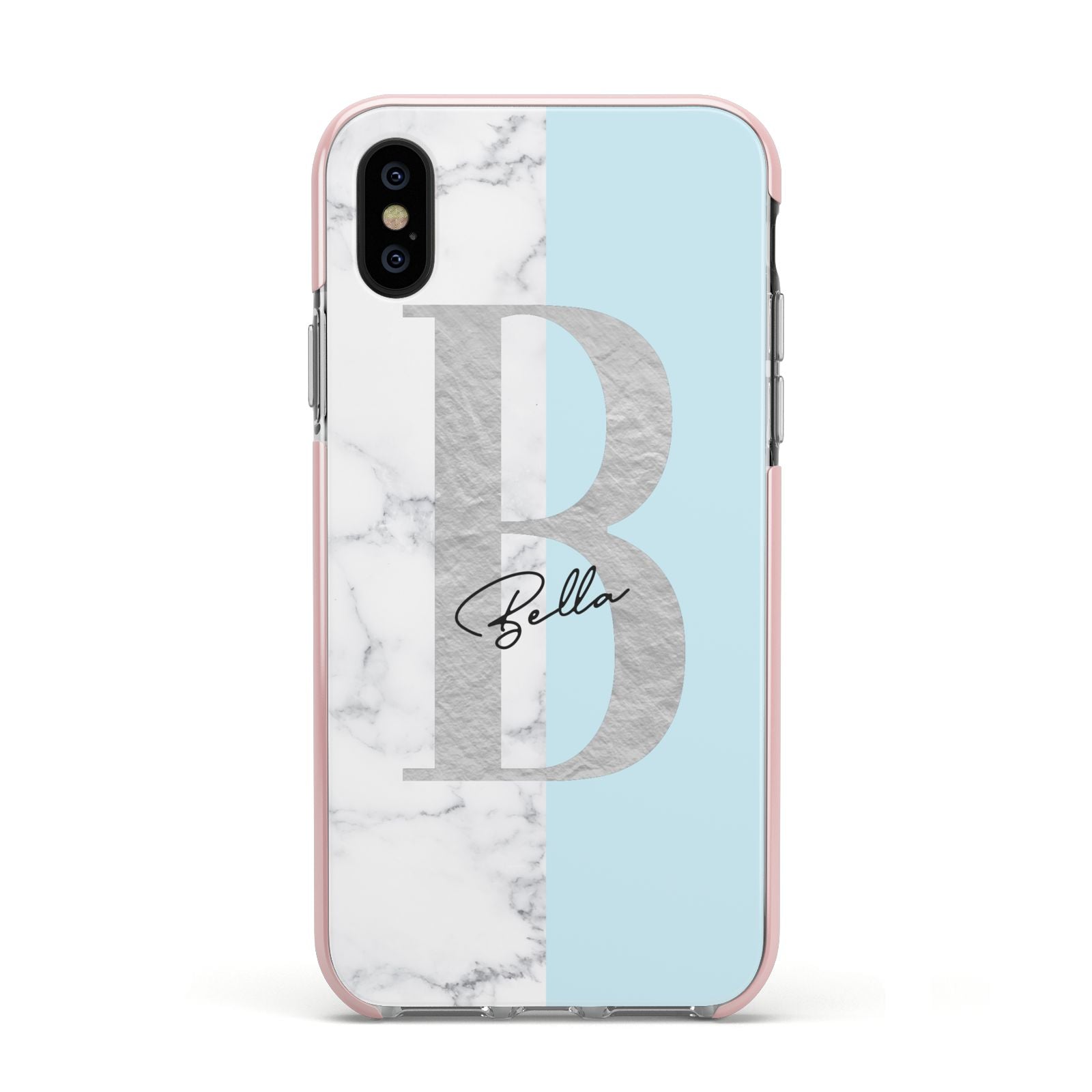 Personalised Chrome Marble Apple iPhone Xs Impact Case Pink Edge on Black Phone