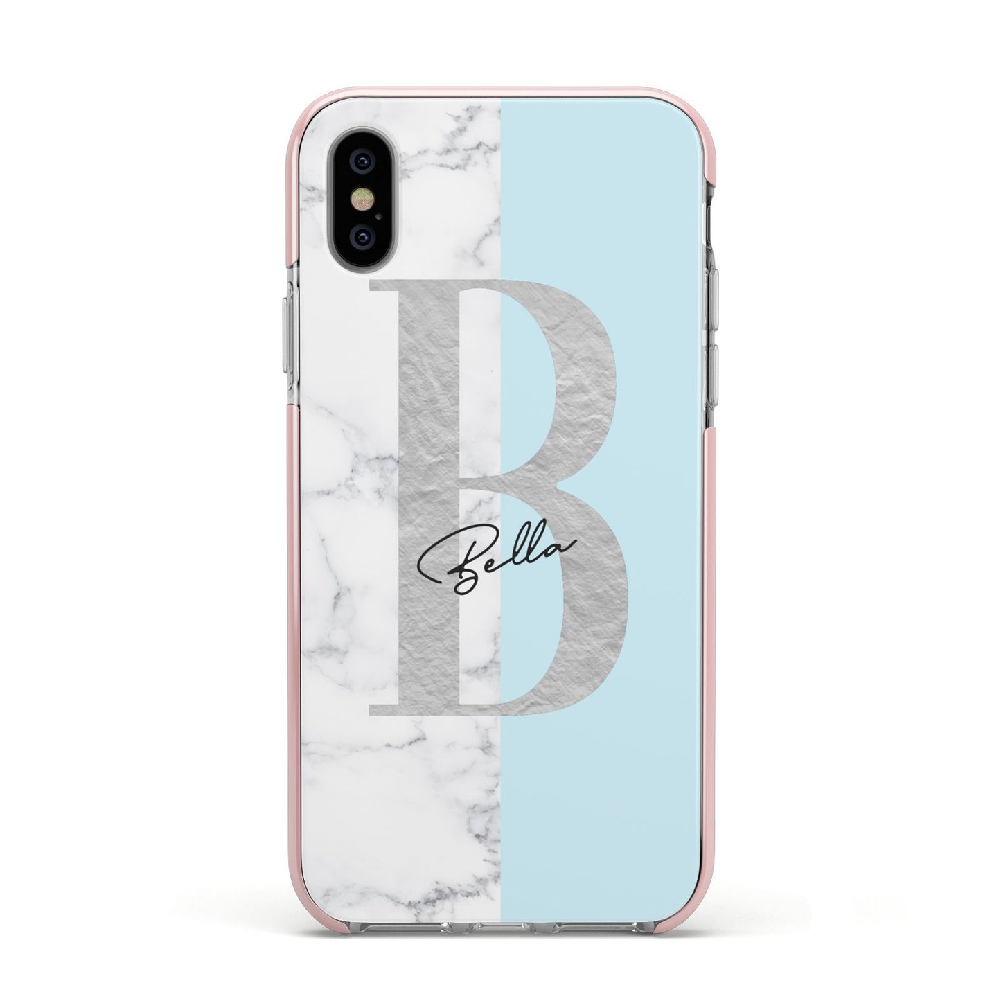 Personalised Chrome Marble Apple iPhone Xs Impact Case Pink Edge on Silver Phone