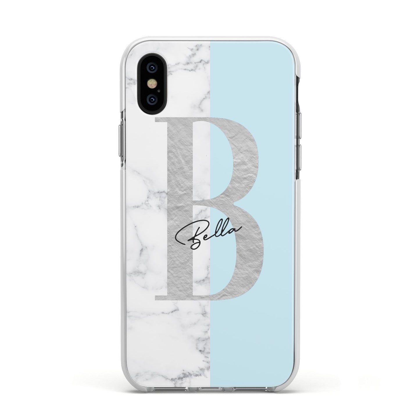 Personalised Chrome Marble Apple iPhone Xs Impact Case White Edge on Black Phone